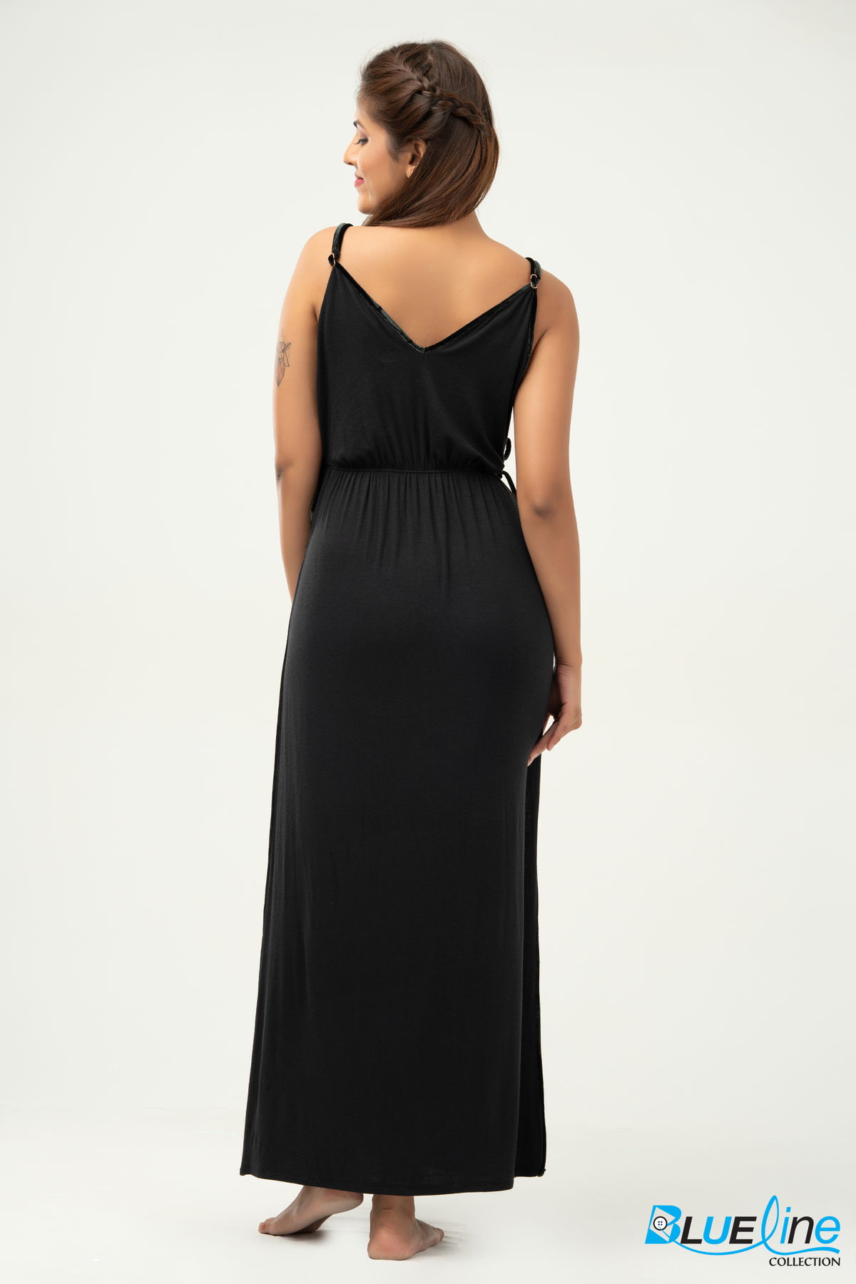 RIBBED VELVET-TRIM LONG NIGHT DRESS