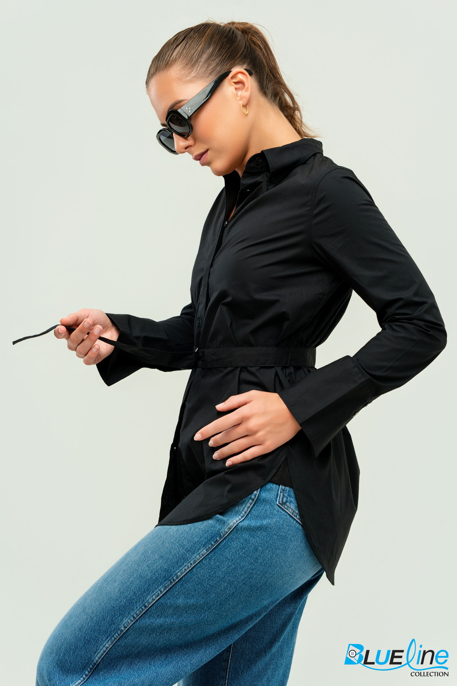 COTTON POPLIN BELTED TUNIC SHIRT
