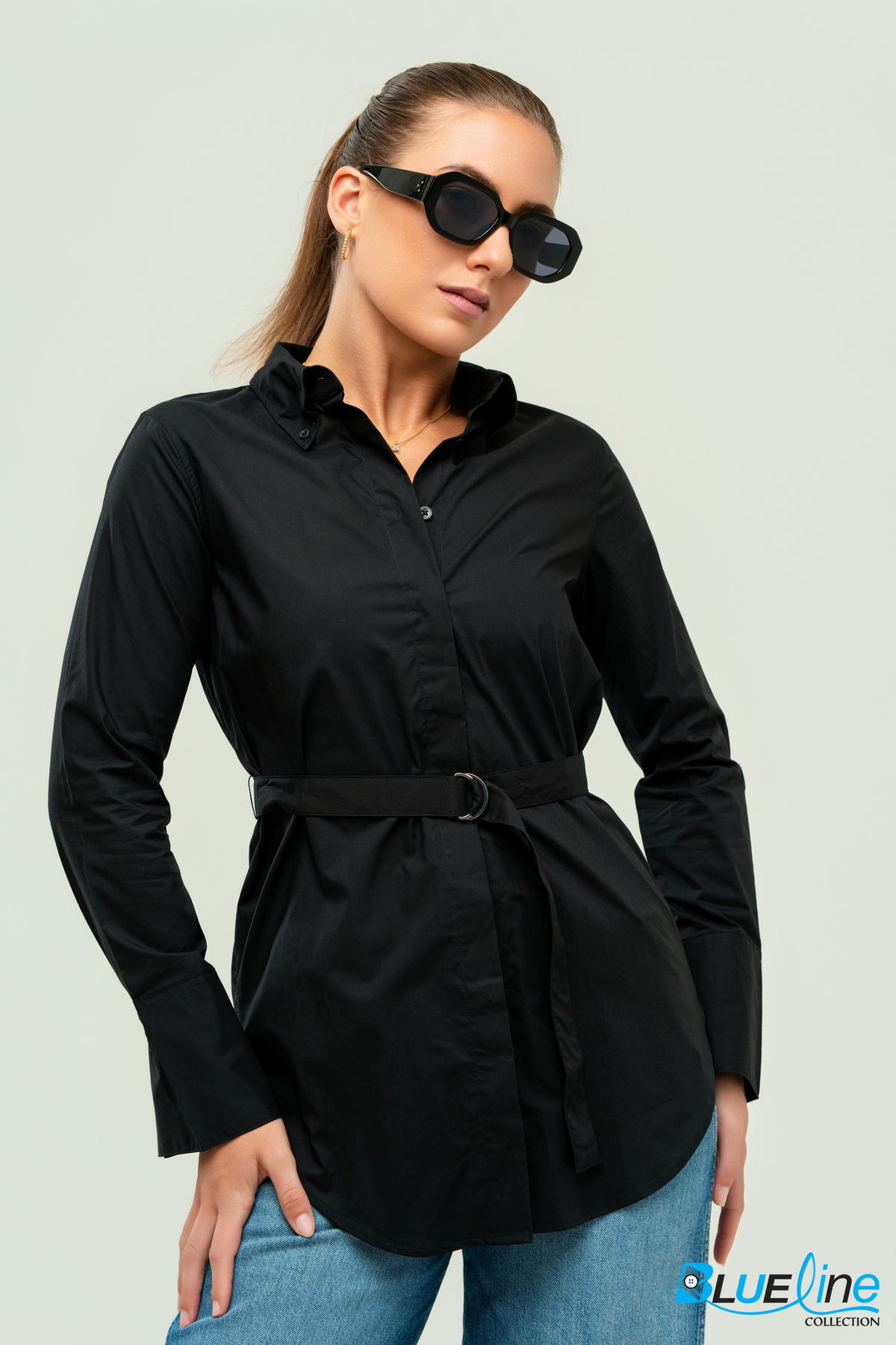 COTTON POPLIN BELTED TUNIC SHIRT