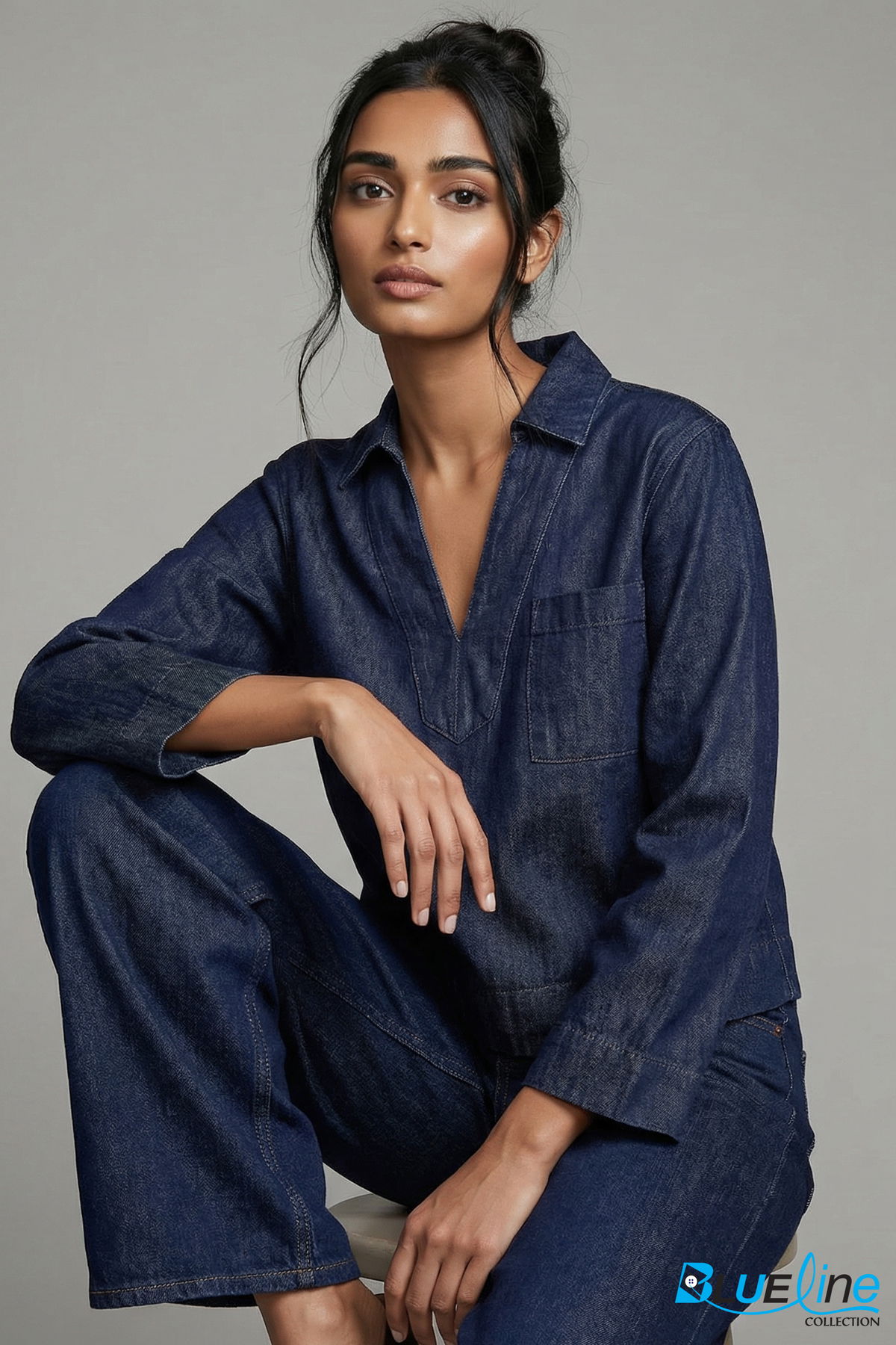 CROPPED ITALIAN DENIM POPOVER TOP