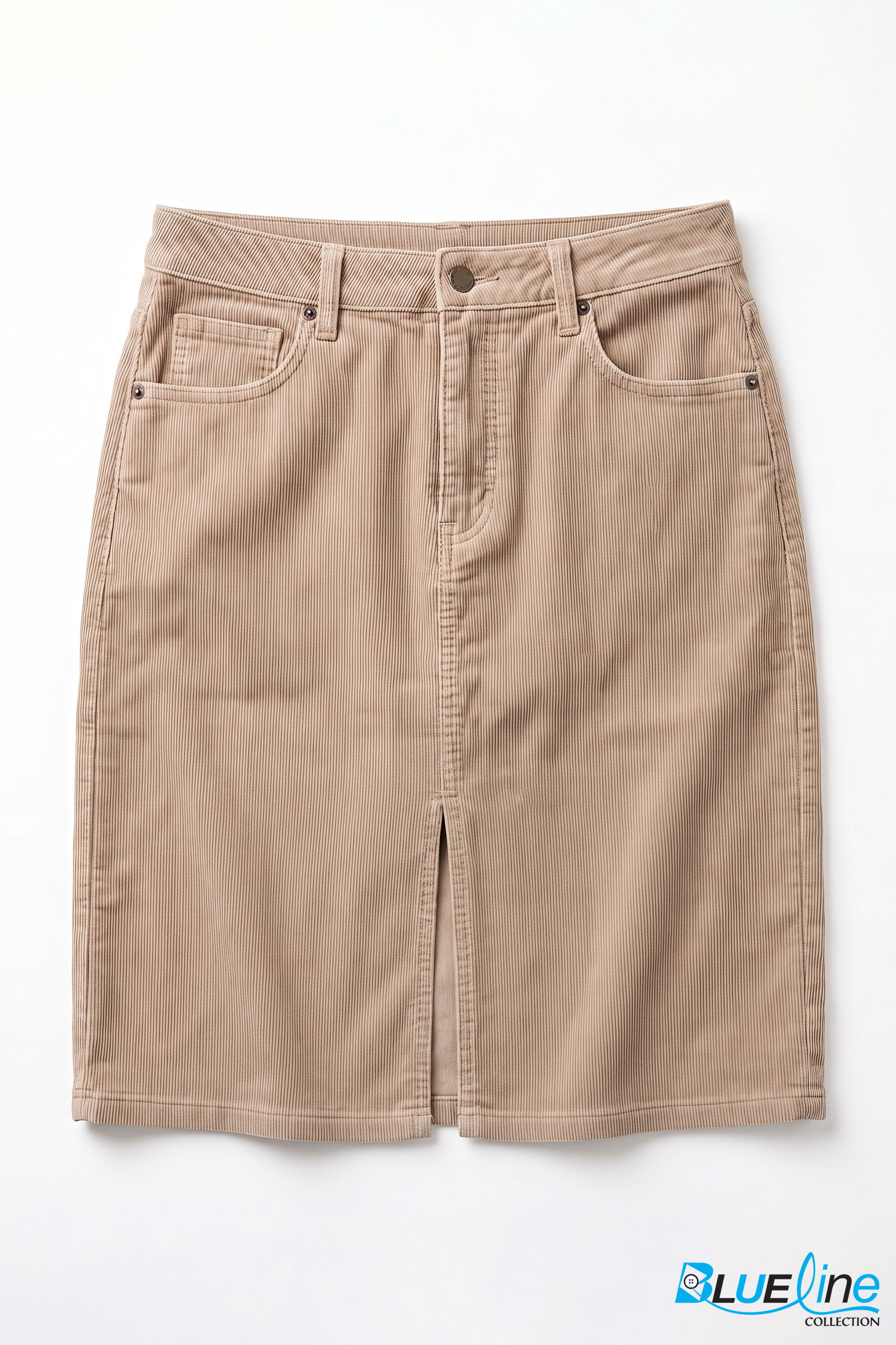 HIGH-RISE CORDUROY FRONT-SLIT MIDI SKIRT
