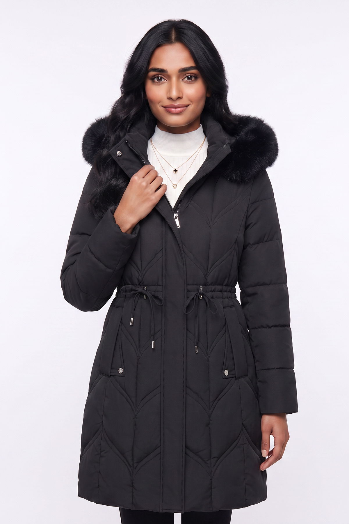QUILTED DRAWSTRING-WAIST WINTER COAT