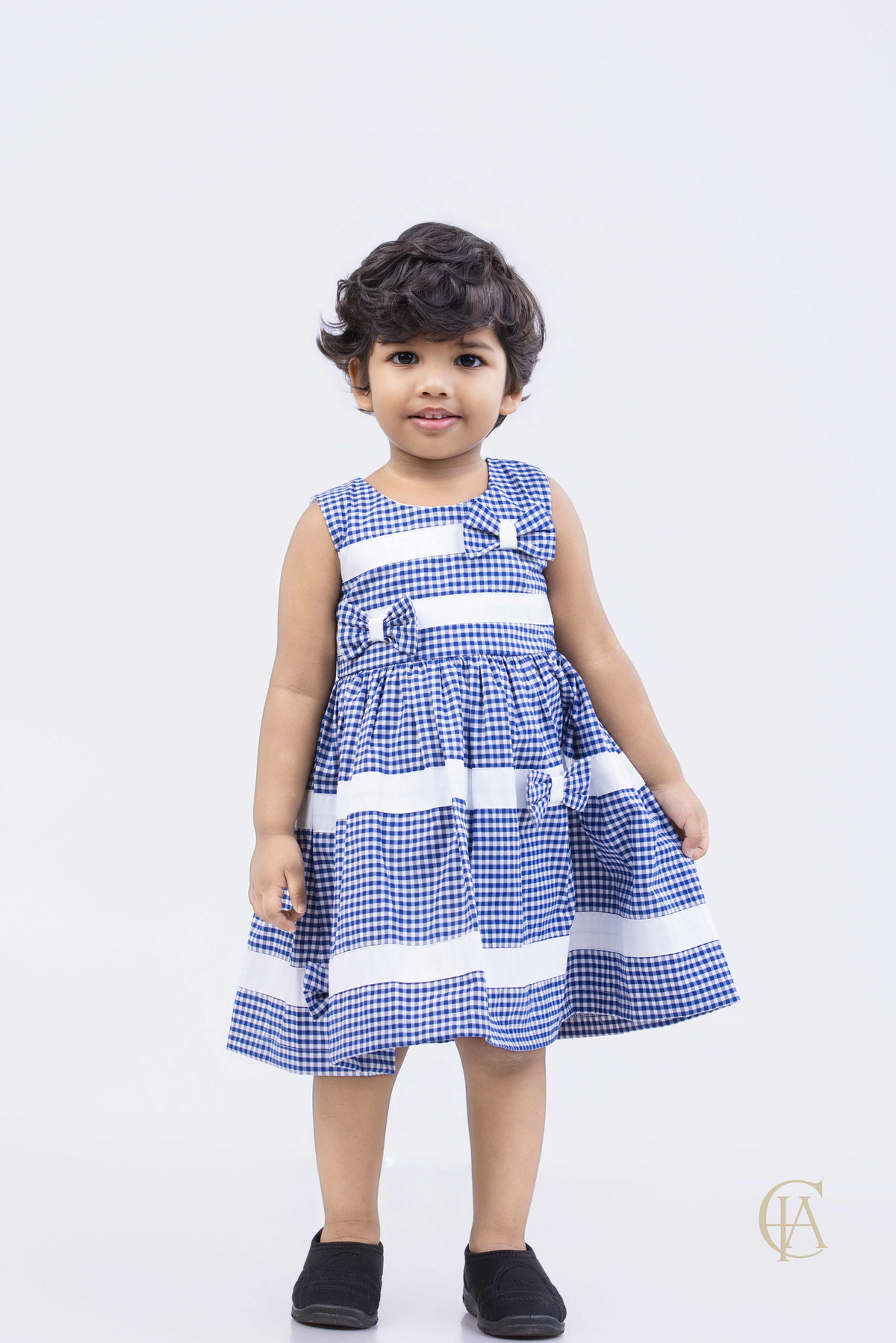 Girl's Girl's check dress with white contrast band detail