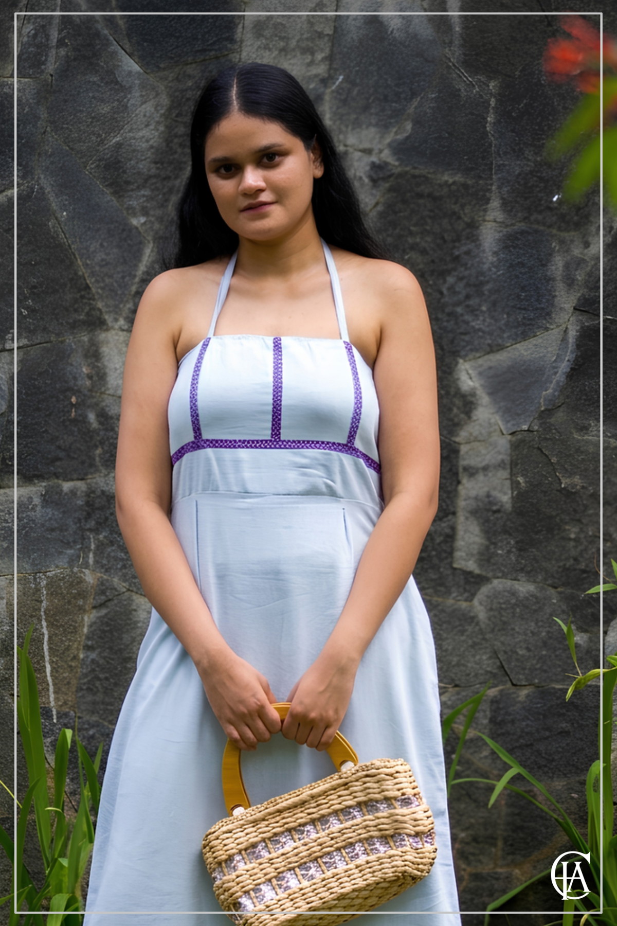 Empire line linen dress with front contrast detail 