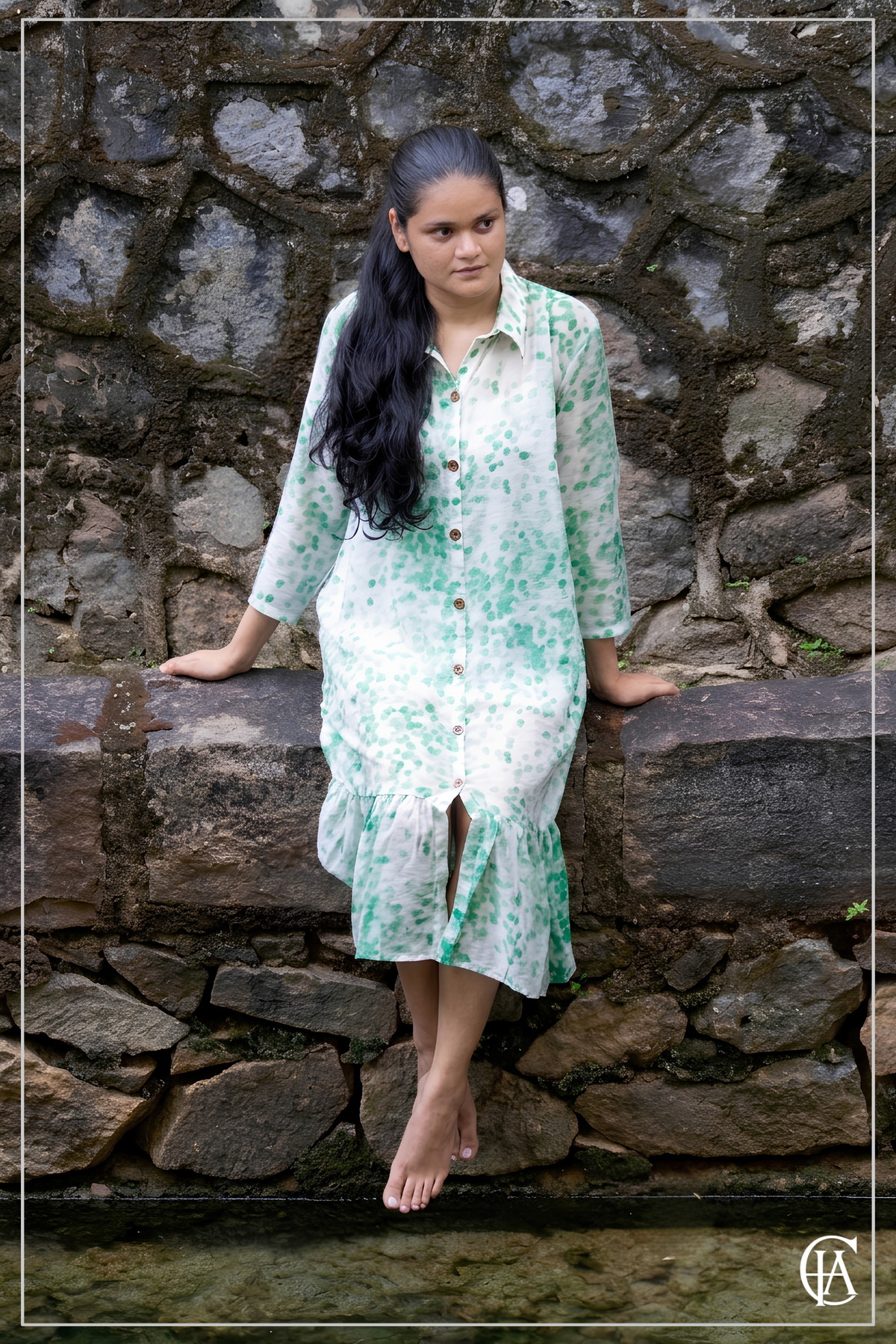 Green dotted a line low waist shirt dress 