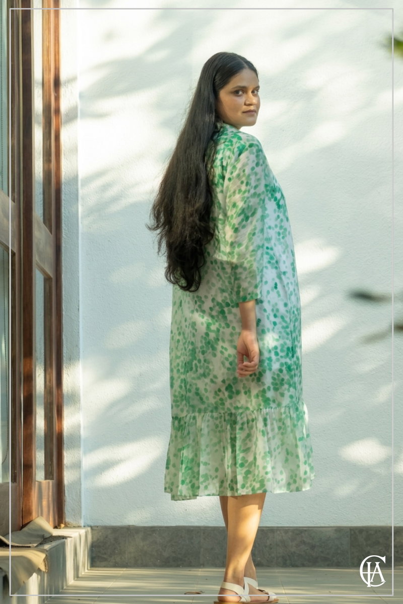 Green dotted a line low waist shirt dress 