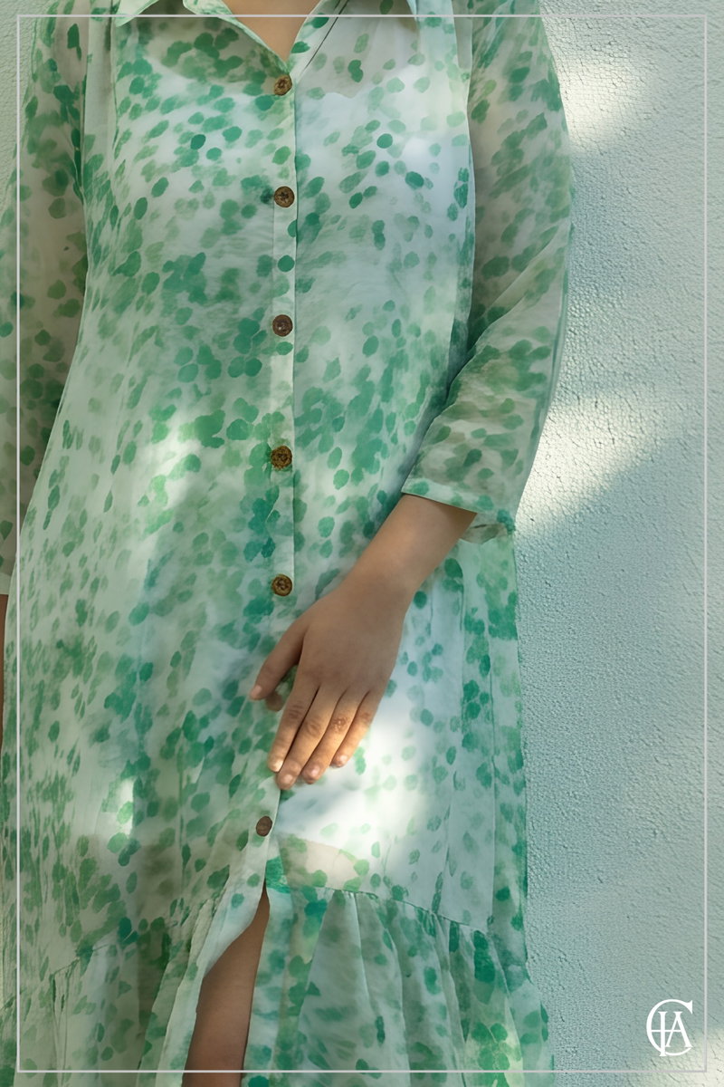 Green dotted a line low waist shirt dress 
