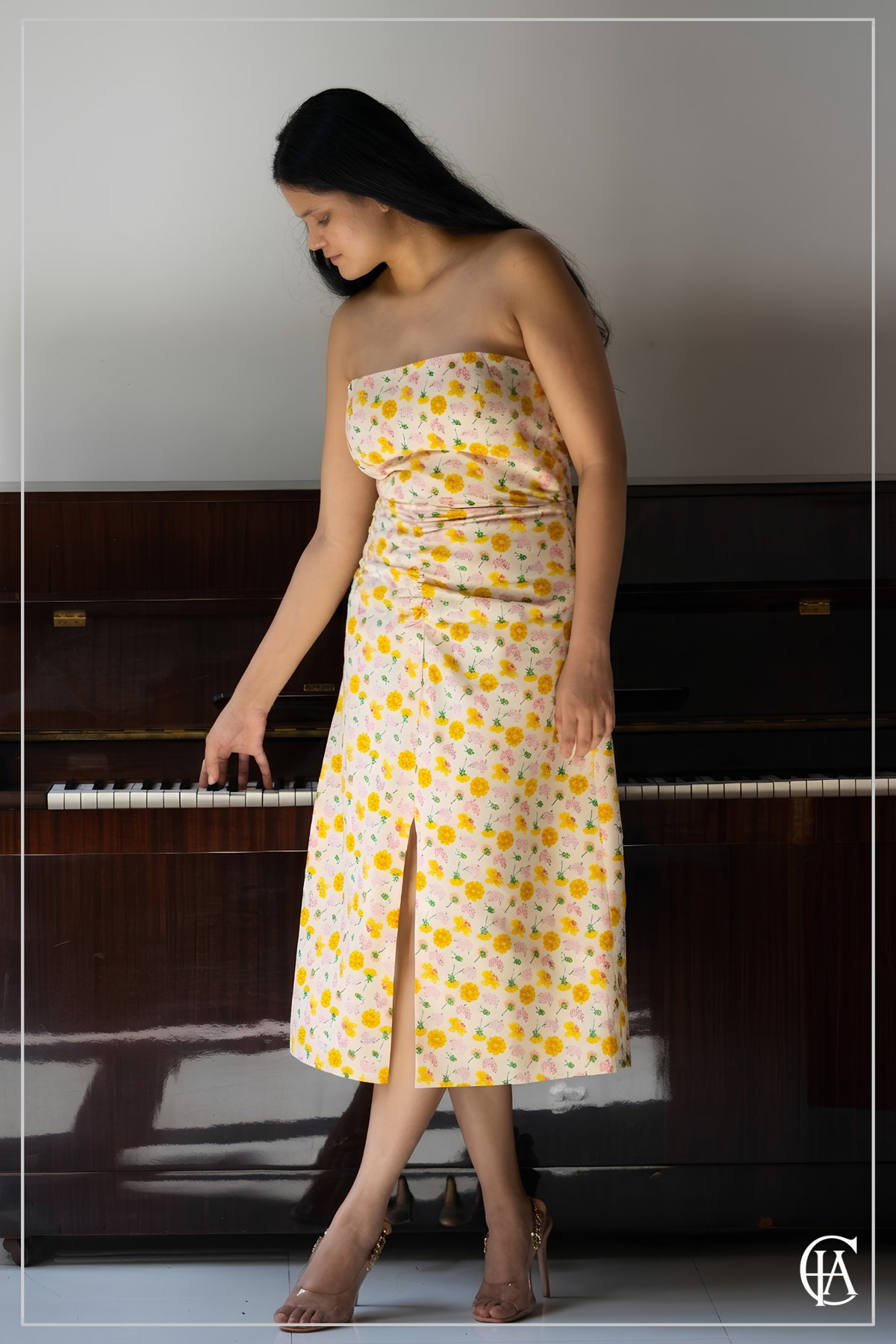 PTD Golden Yellow Bandeau Dress with Front Skirt Detail