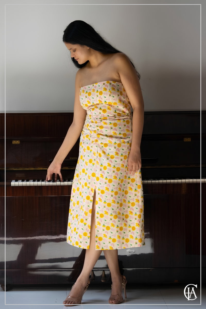 PTD Golden Yellow Bandeau Dress with Front Skirt Detail