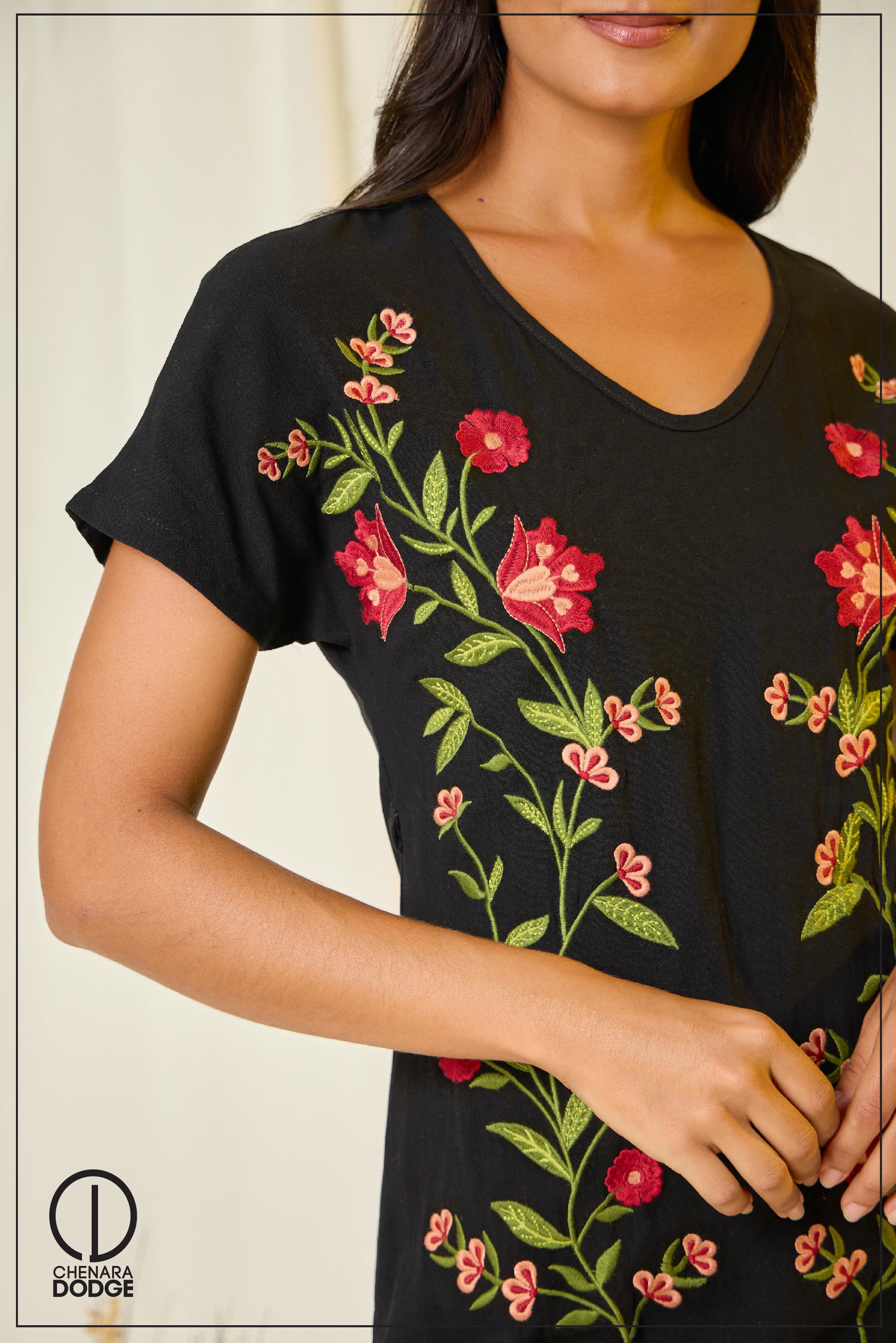EMMA V NECK EMB MIDI DRESS
