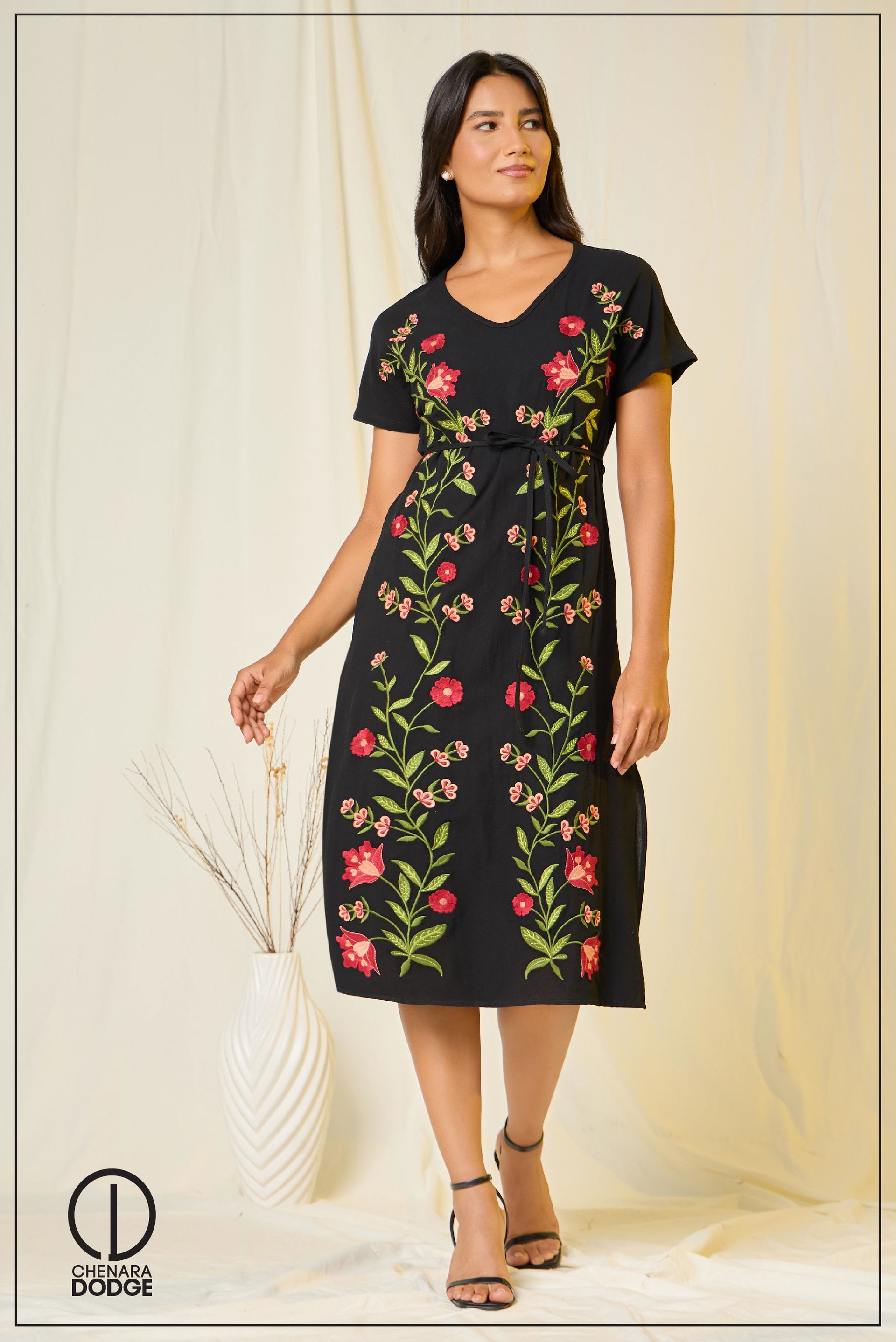 EMMA V NECK EMB MIDI DRESS