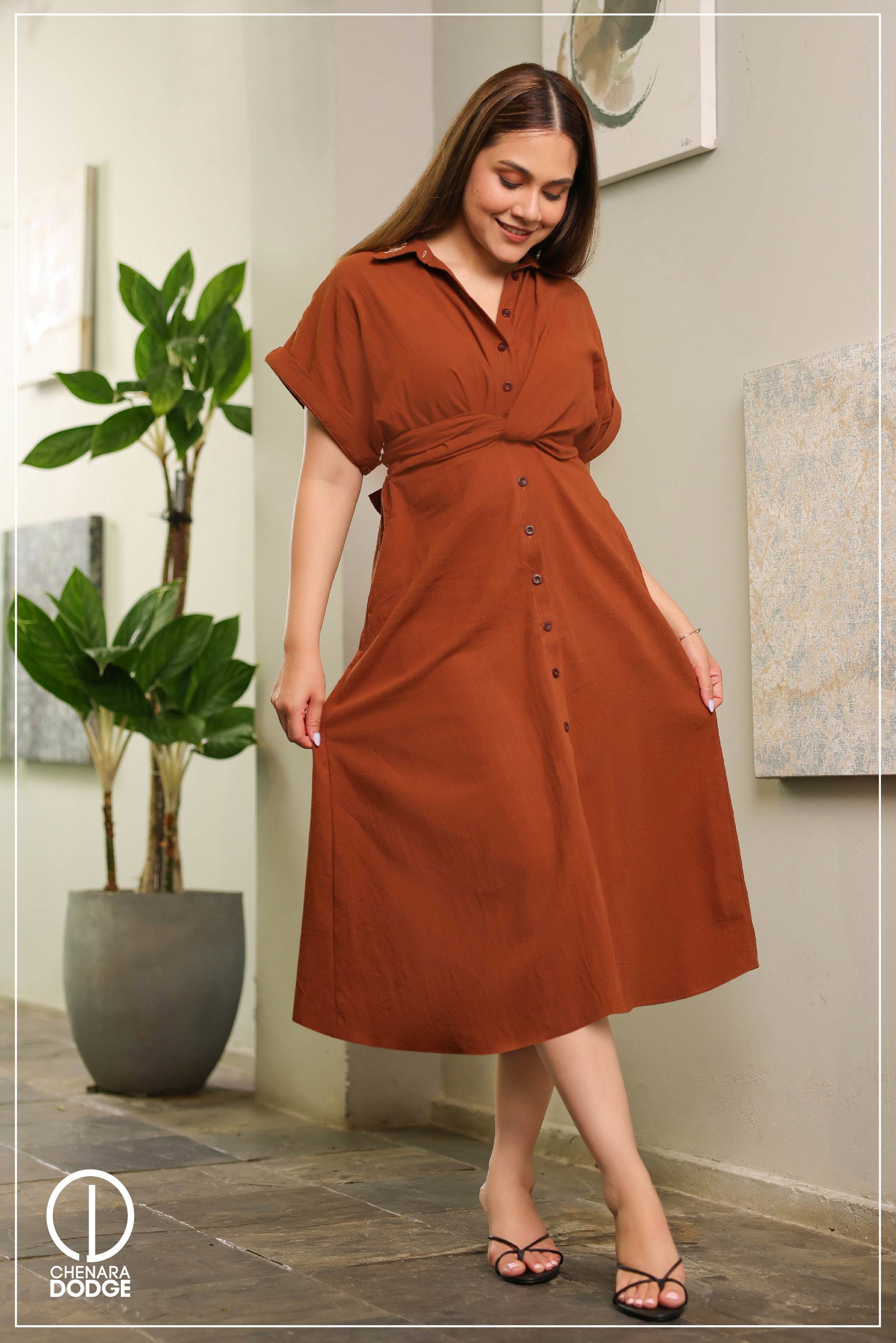 EVELINA EMBROIDERED TWIST MIDI DRESS