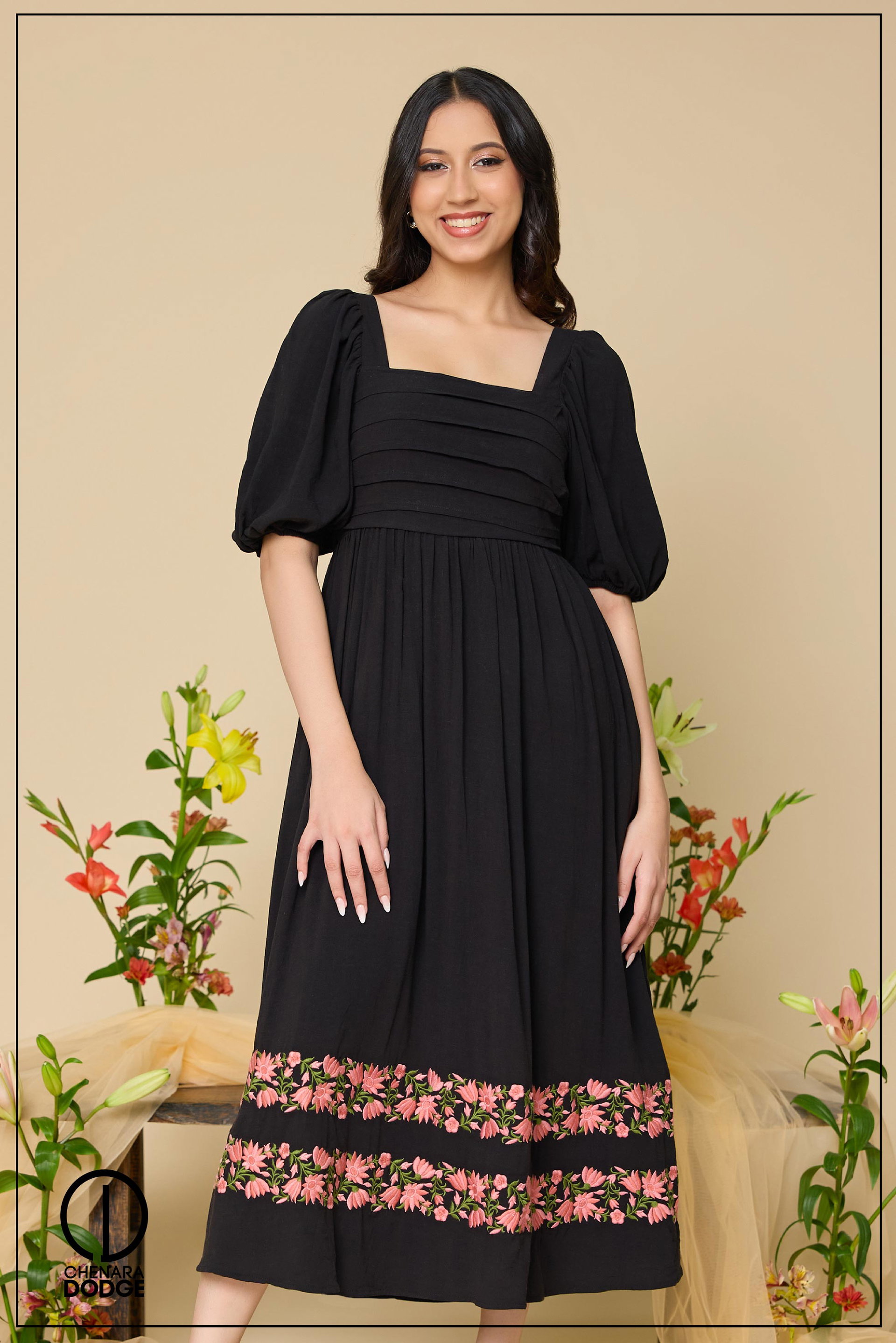 ZOE PIN TUCK EMB MIDI DRESS