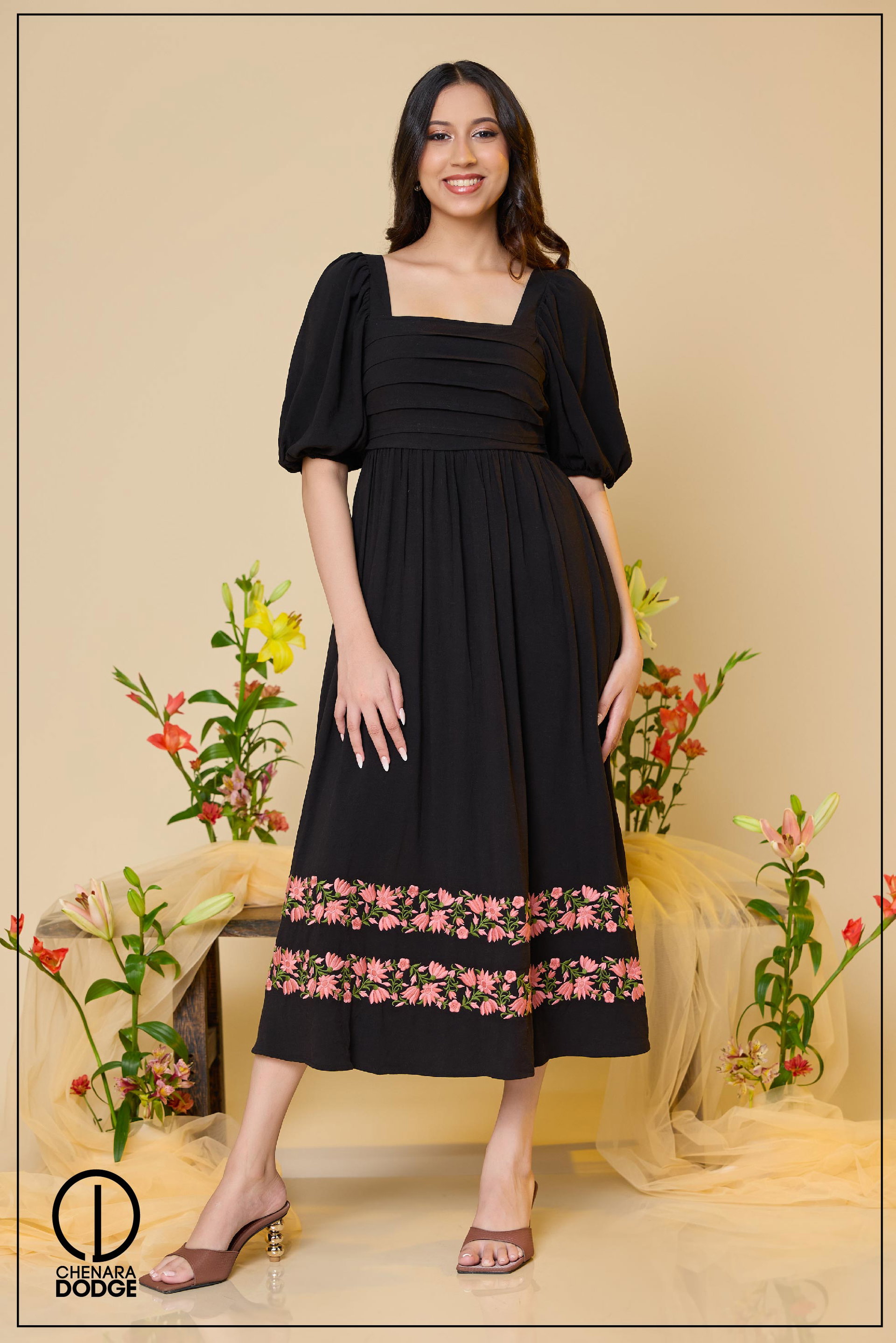 ZOE PIN TUCK EMB MIDI DRESS