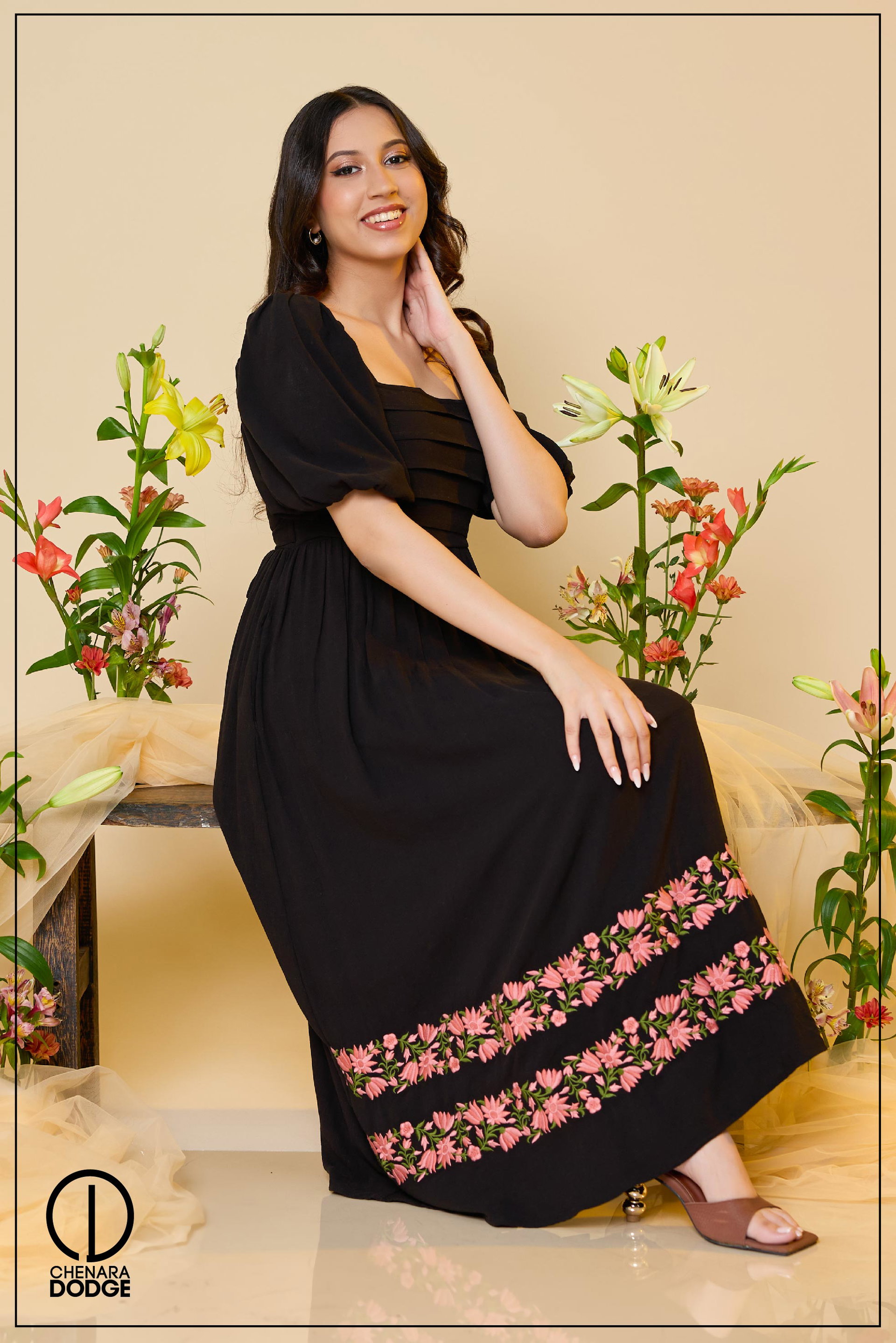 ZOE PIN TUCK EMB MIDI DRESS