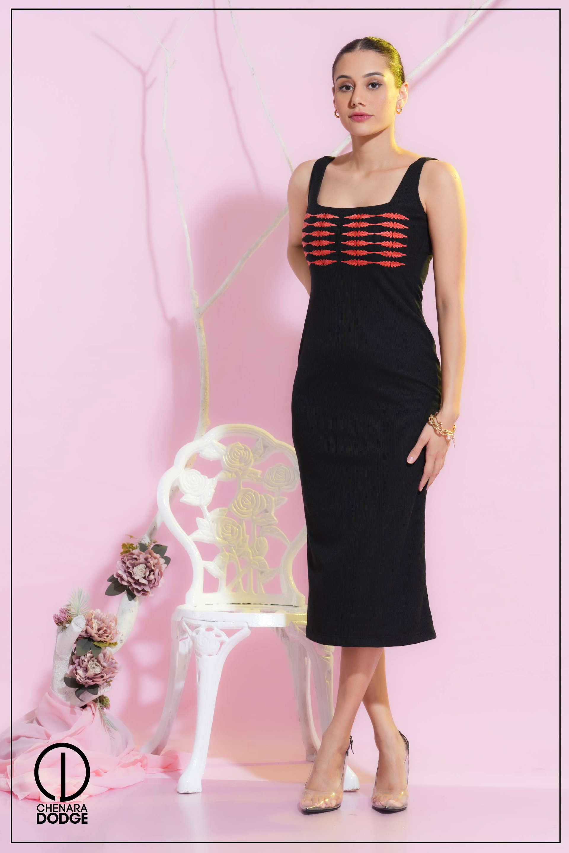 JADE SQUARE NECK EMB MIDI DRESS