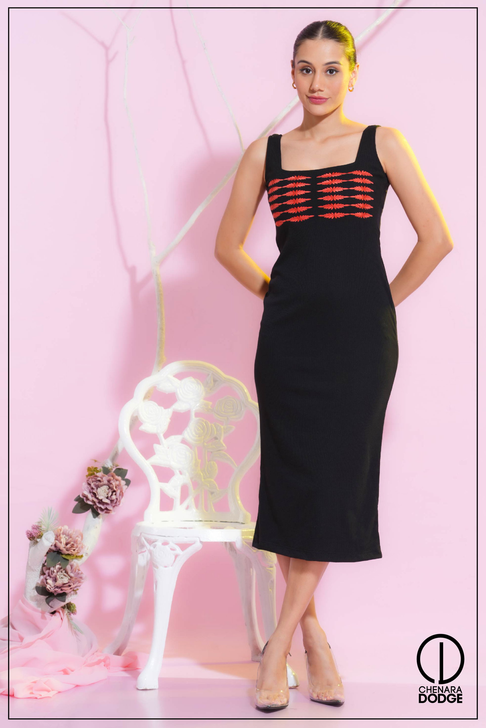 JADE SQUARE NECK EMB MIDI DRESS