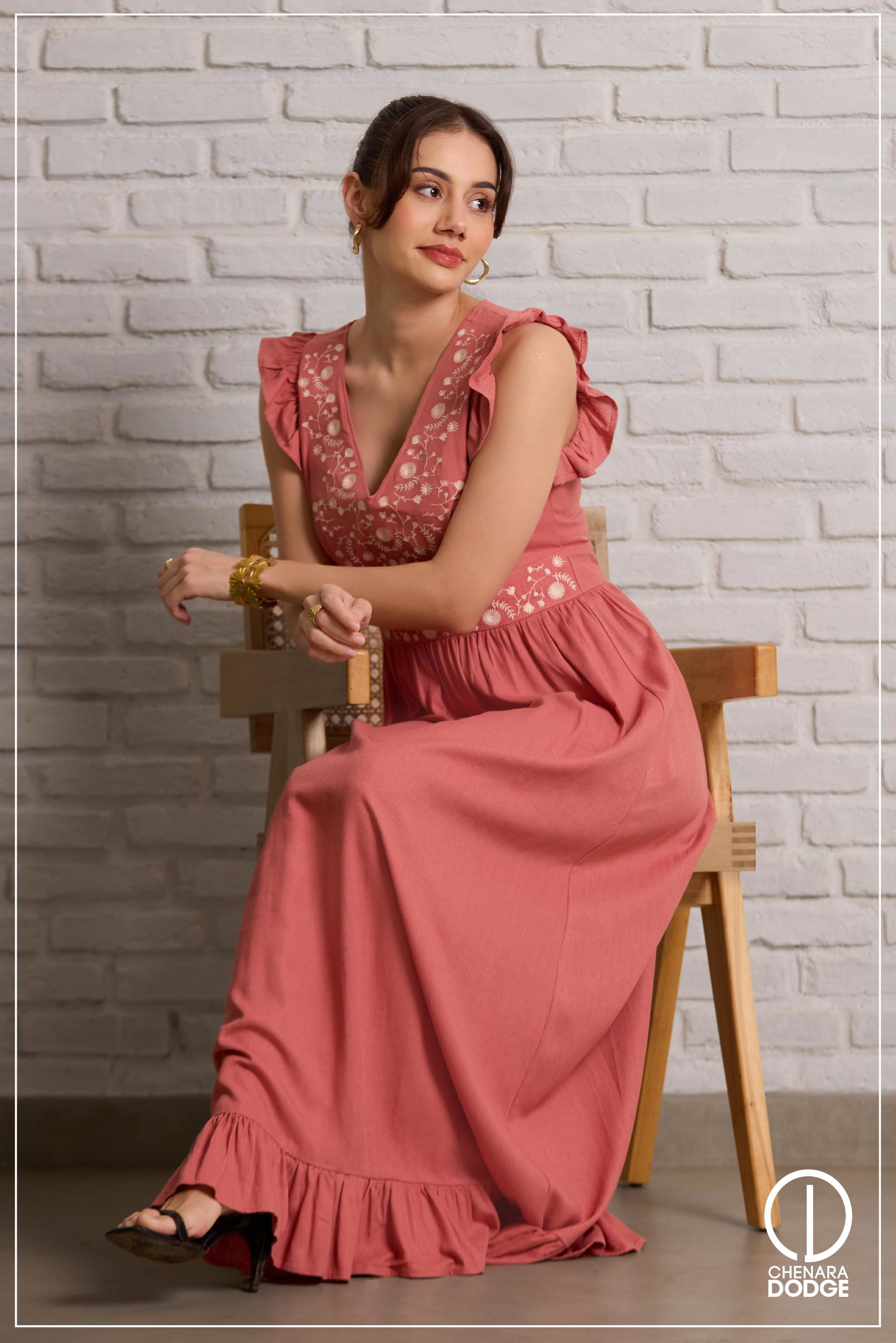 ADDISON V NECK EMB MAXI DRESS