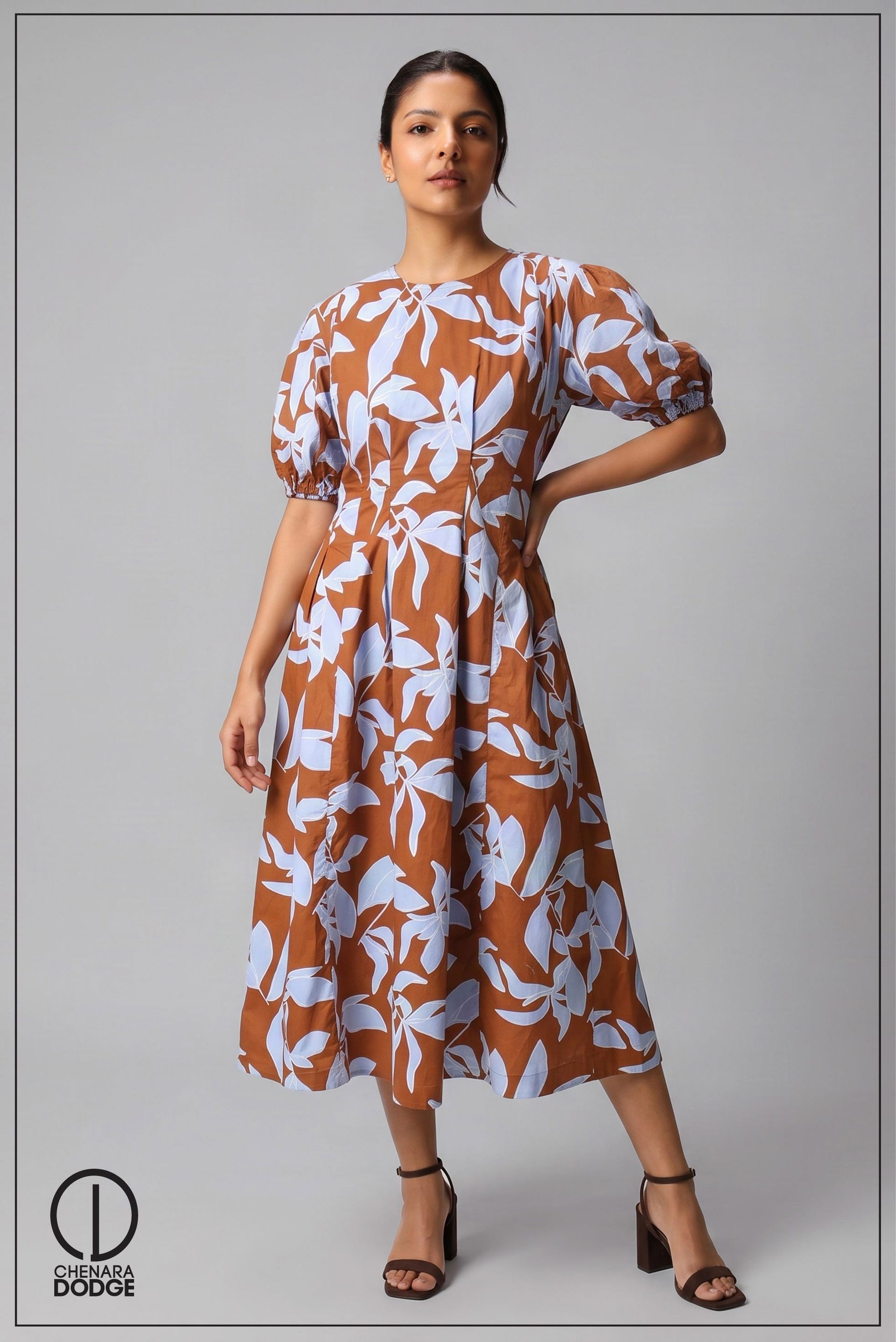 ALTHEA PLEATED PUFF SLEEVE MIDI DRESS