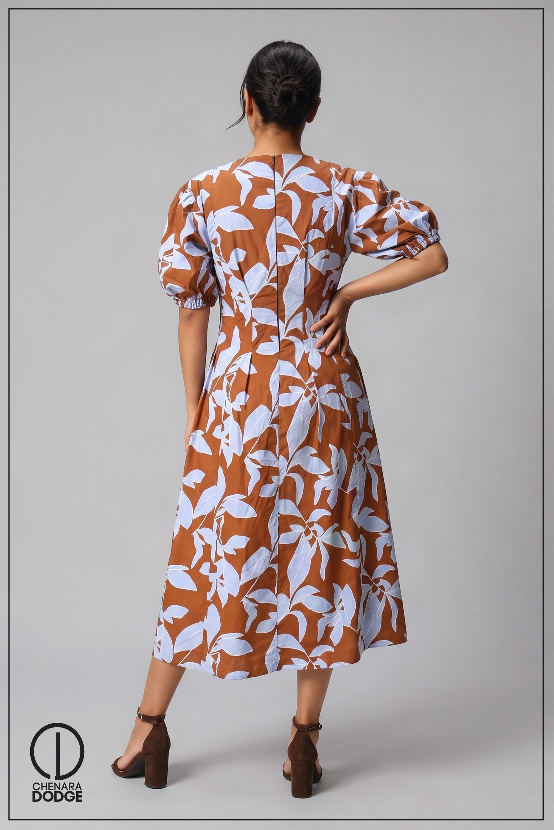 ALTHEA PLEATED PUFF SLEEVE MIDI DRESS