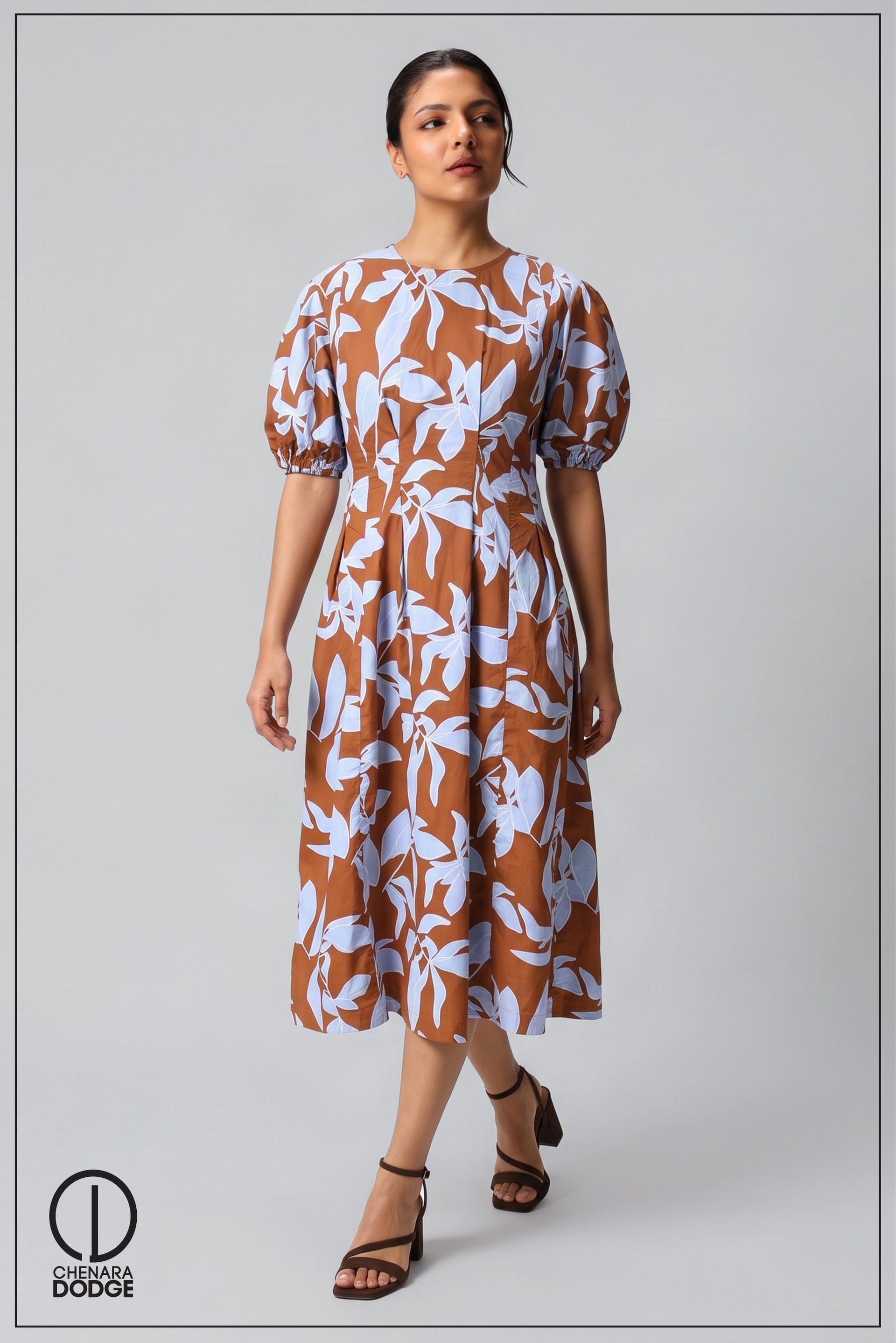 ALTHEA PLEATED PUFF SLEEVE MIDI DRESS