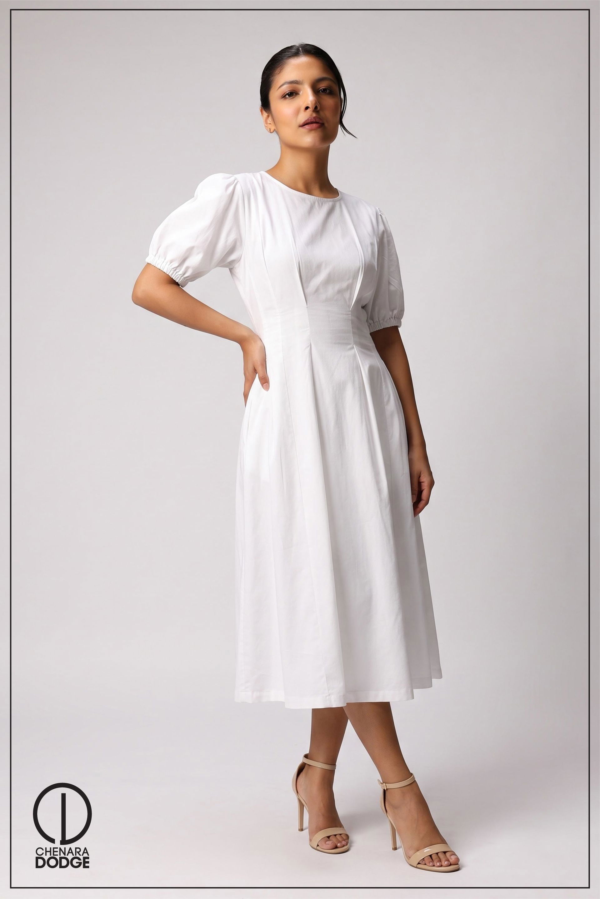 ALTHEA PLEATED PUFF SLEEVE MIDI DRESS