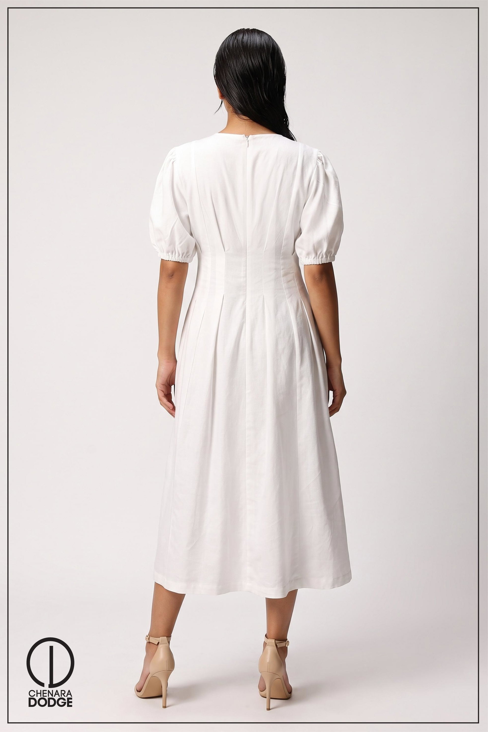 ALTHEA PLEATED PUFF SLEEVE MIDI DRESS
