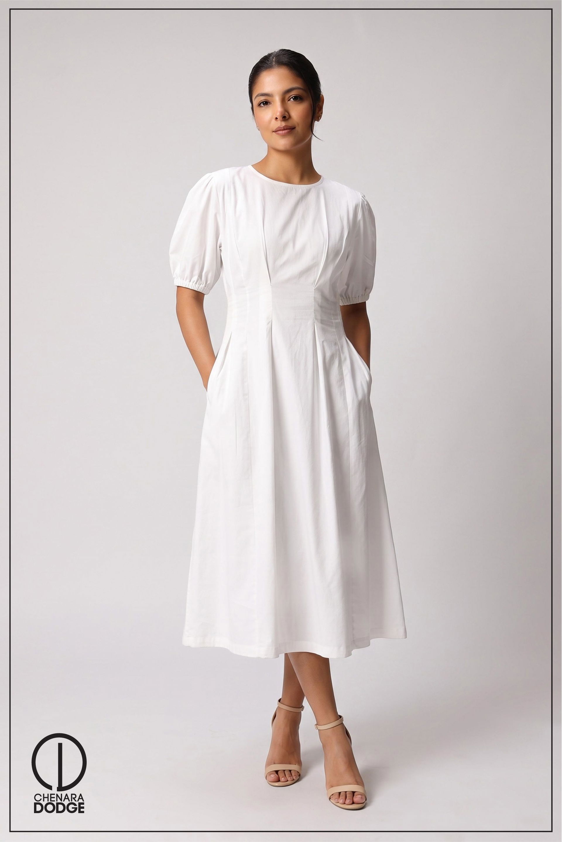 ALTHEA PLEATED PUFF SLEEVE MIDI DRESS