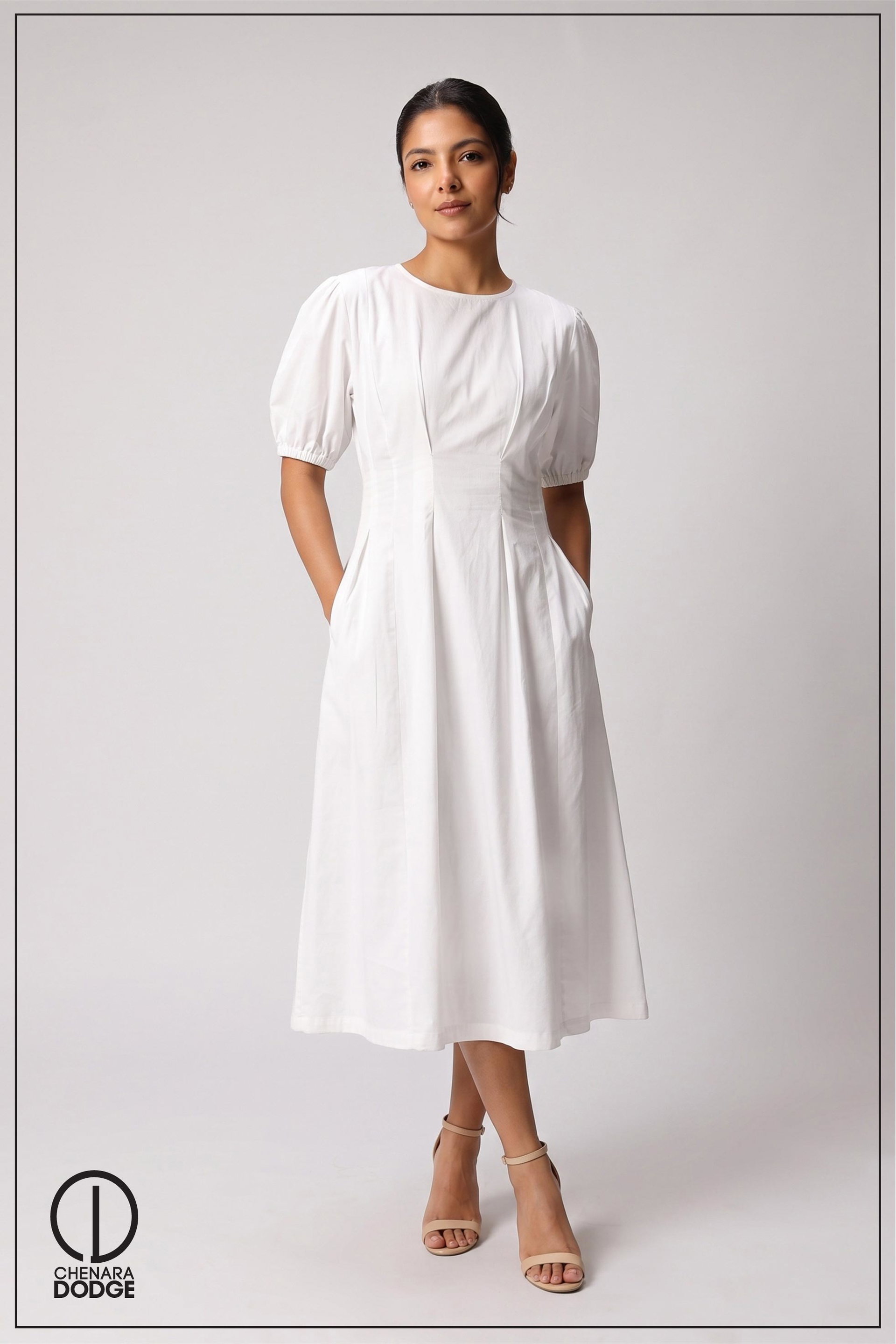 ALTHEA PLEATED PUFF SLEEVE MIDI DRESS