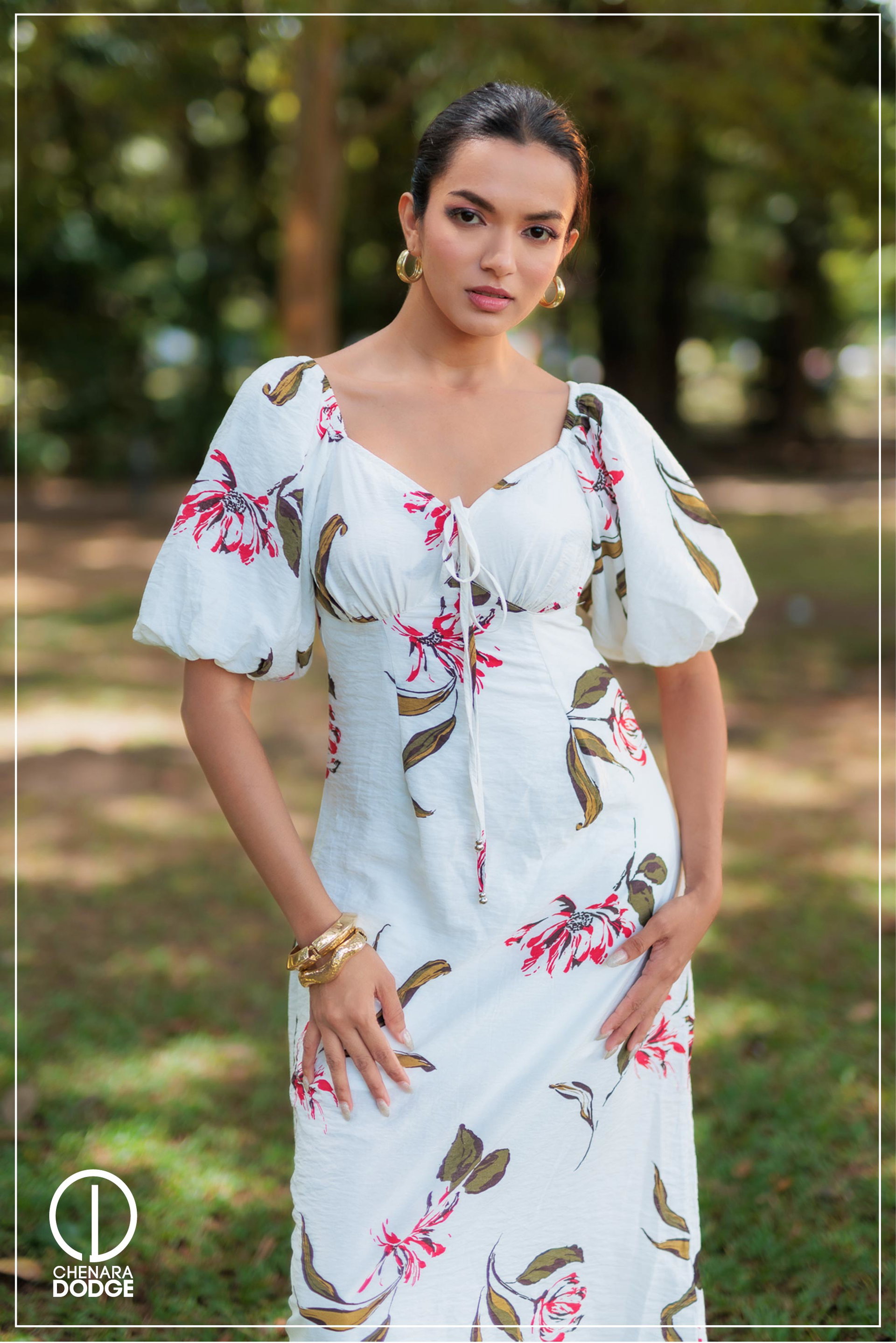 ANNABETH CHASE PUFF SLEEVE MIDI DRESS