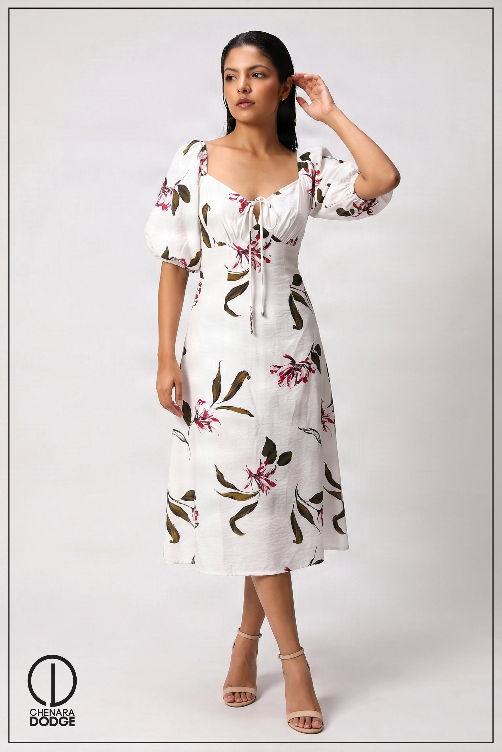 ANNABETH CHASE PUFF SLEEVE MIDI DRESS