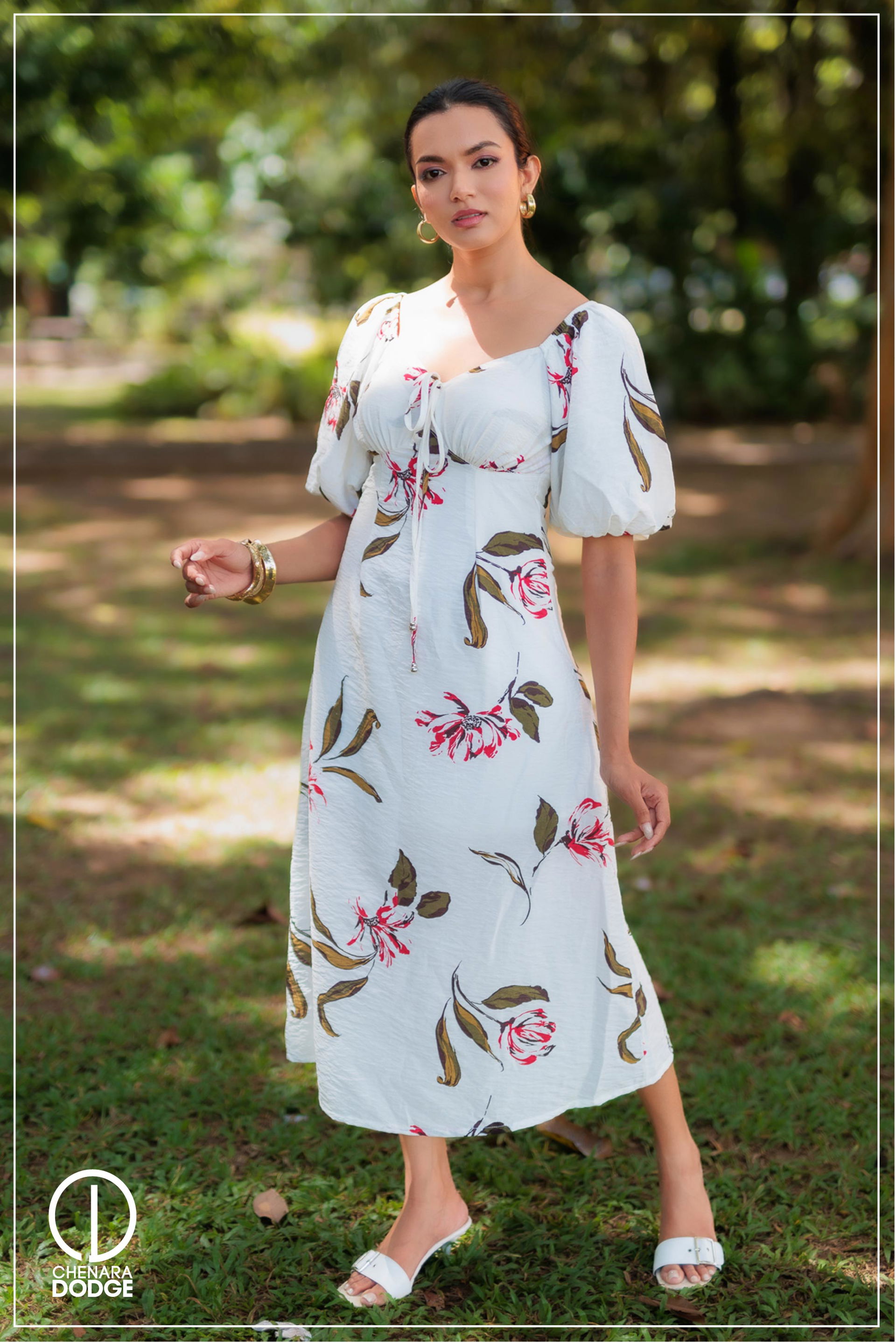 ANNABETH CHASE PUFF SLEEVE MIDI DRESS