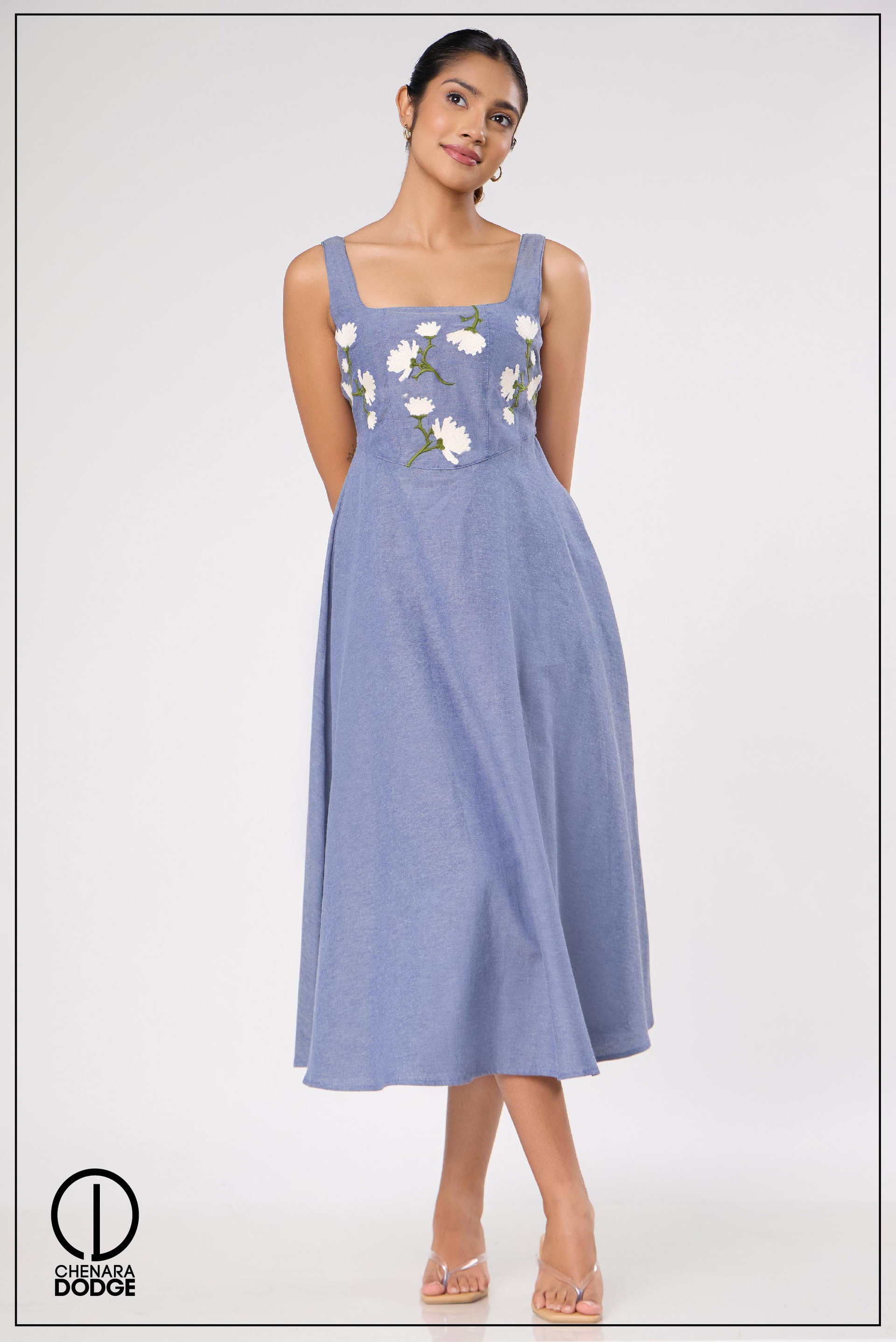 CAPRI SQUARE NECK EMB MIDI DRESS 
