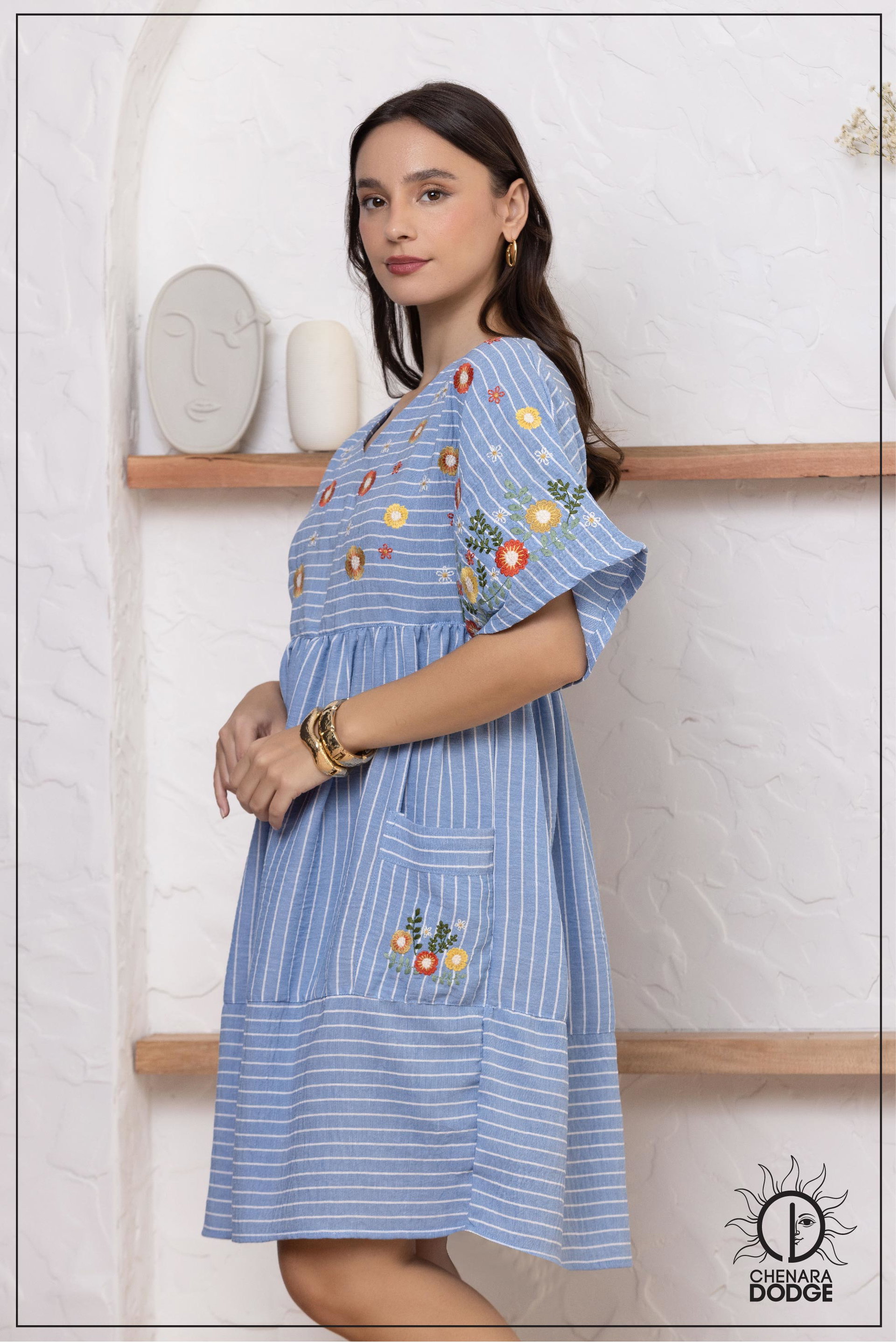 EMMA POCKET DETAIL EMB MINI DRESS