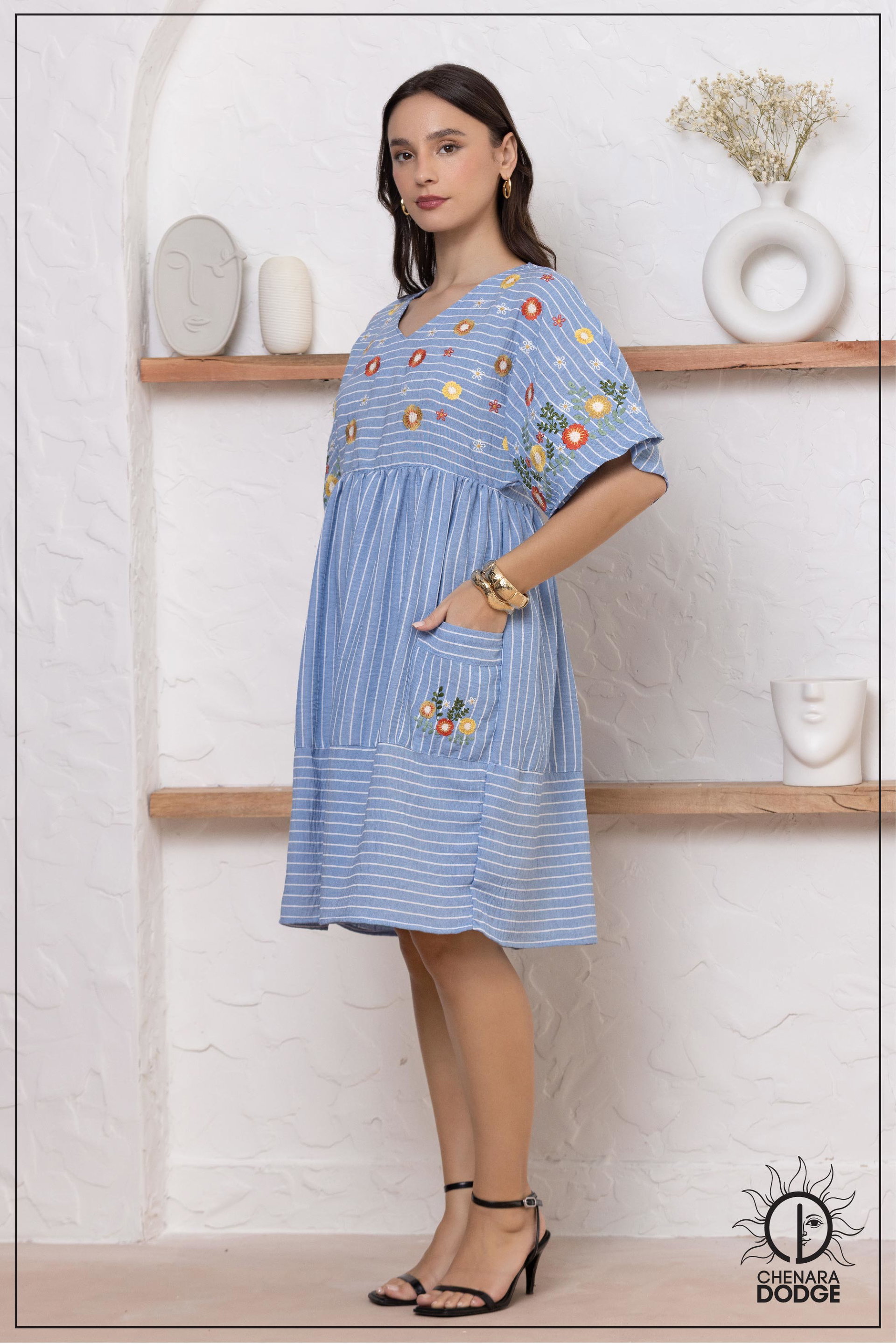 EMMA POCKET DETAIL EMB MINI DRESS