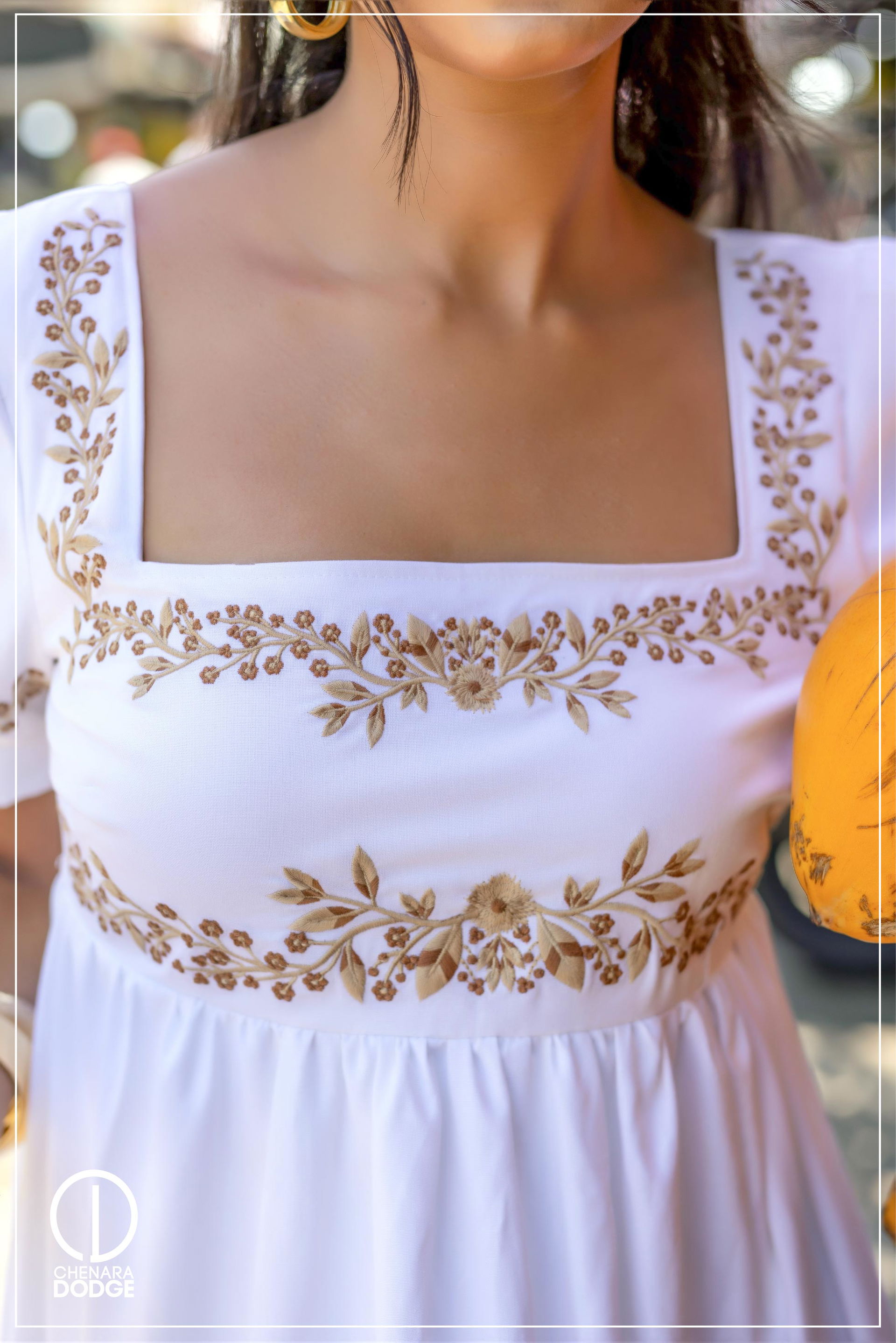 EMMA SQUARE NECK EMB MIDI DRESS
