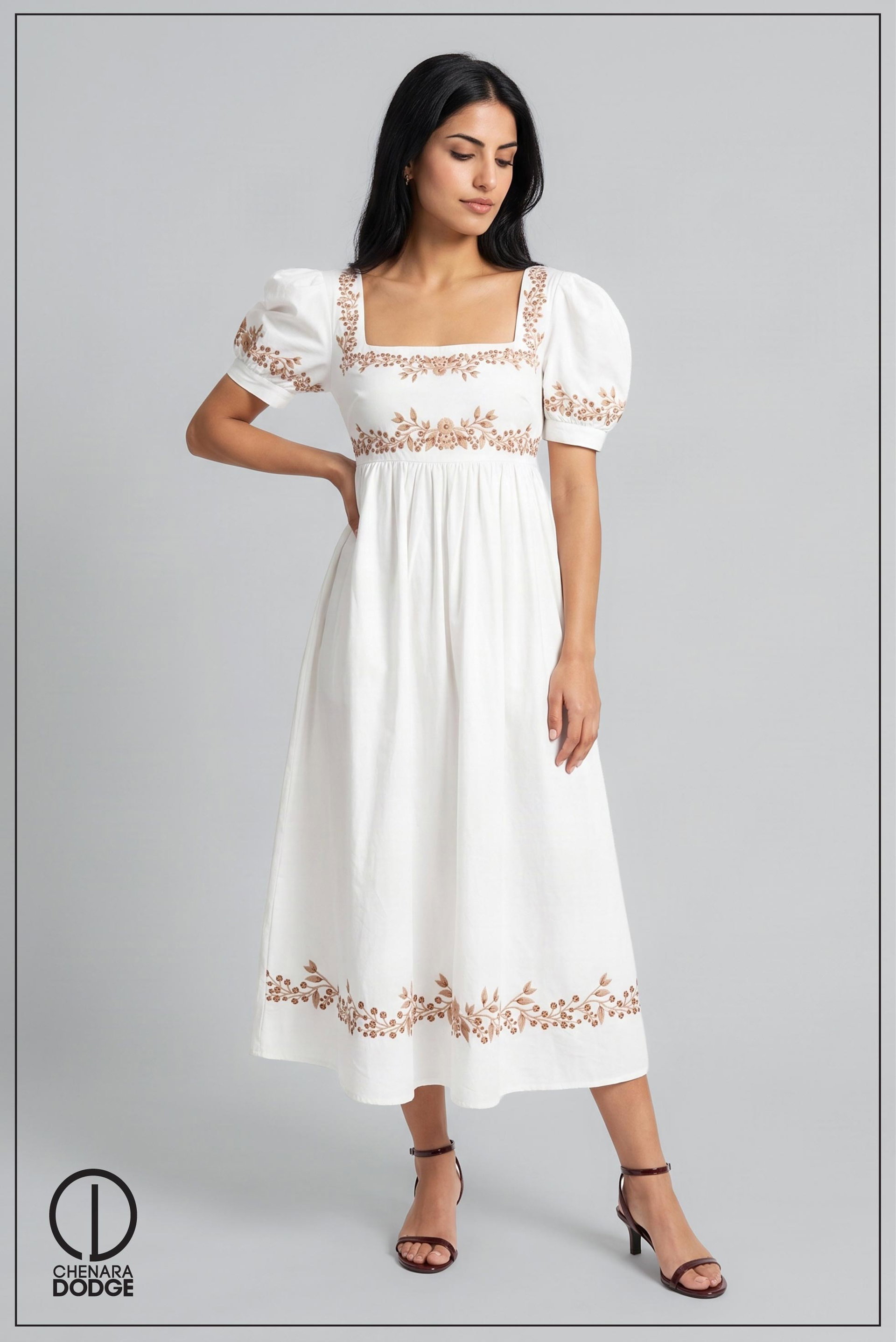 EMMA SQUARE NECK EMB MIDI DRESS