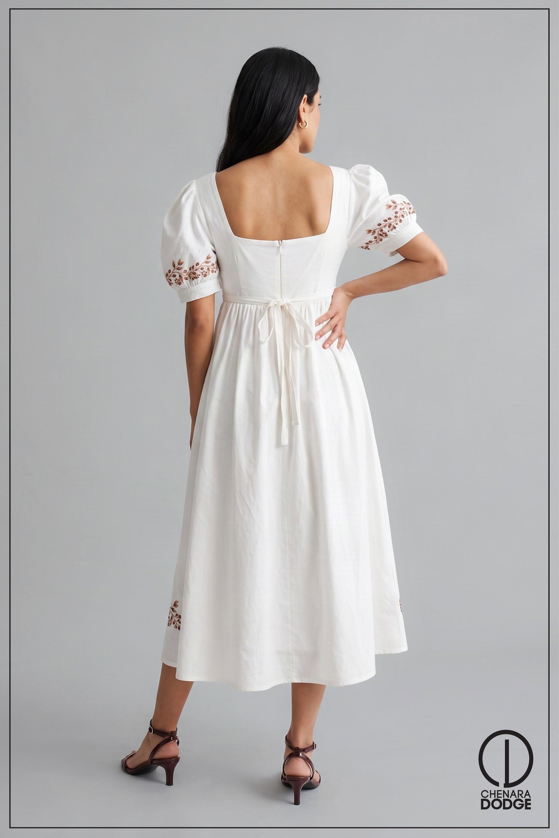 EMMA SQUARE NECK EMB MIDI DRESS
