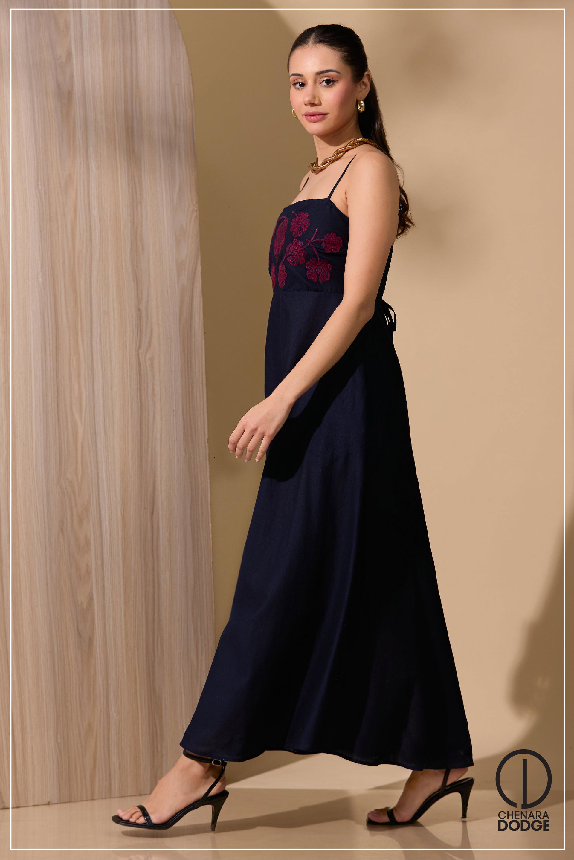 LARA  EMBROIDERED STRAPPY MAXI DRESS