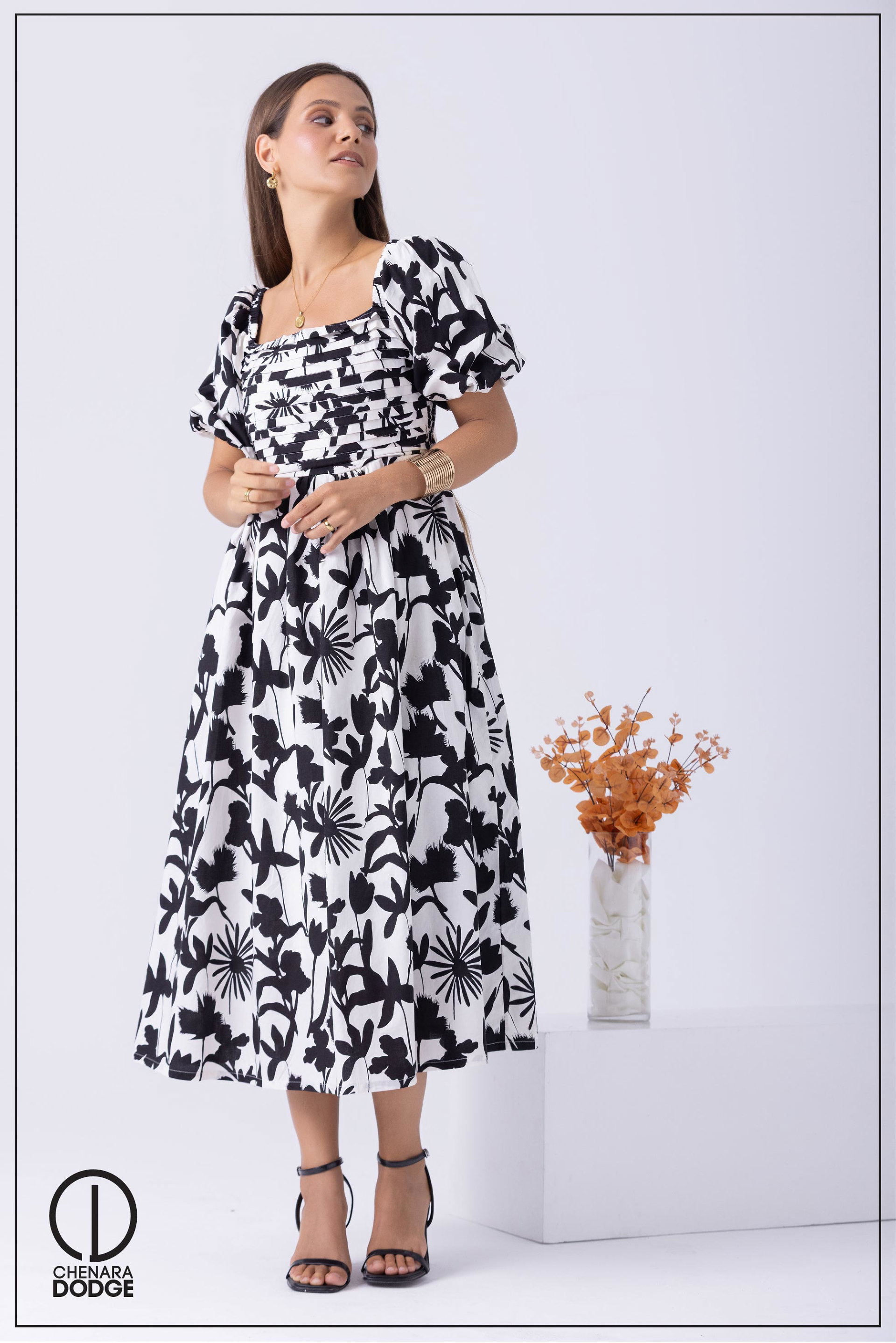 MAIRA BALLOON SLEEVE PINTUCK MIDI DRESS