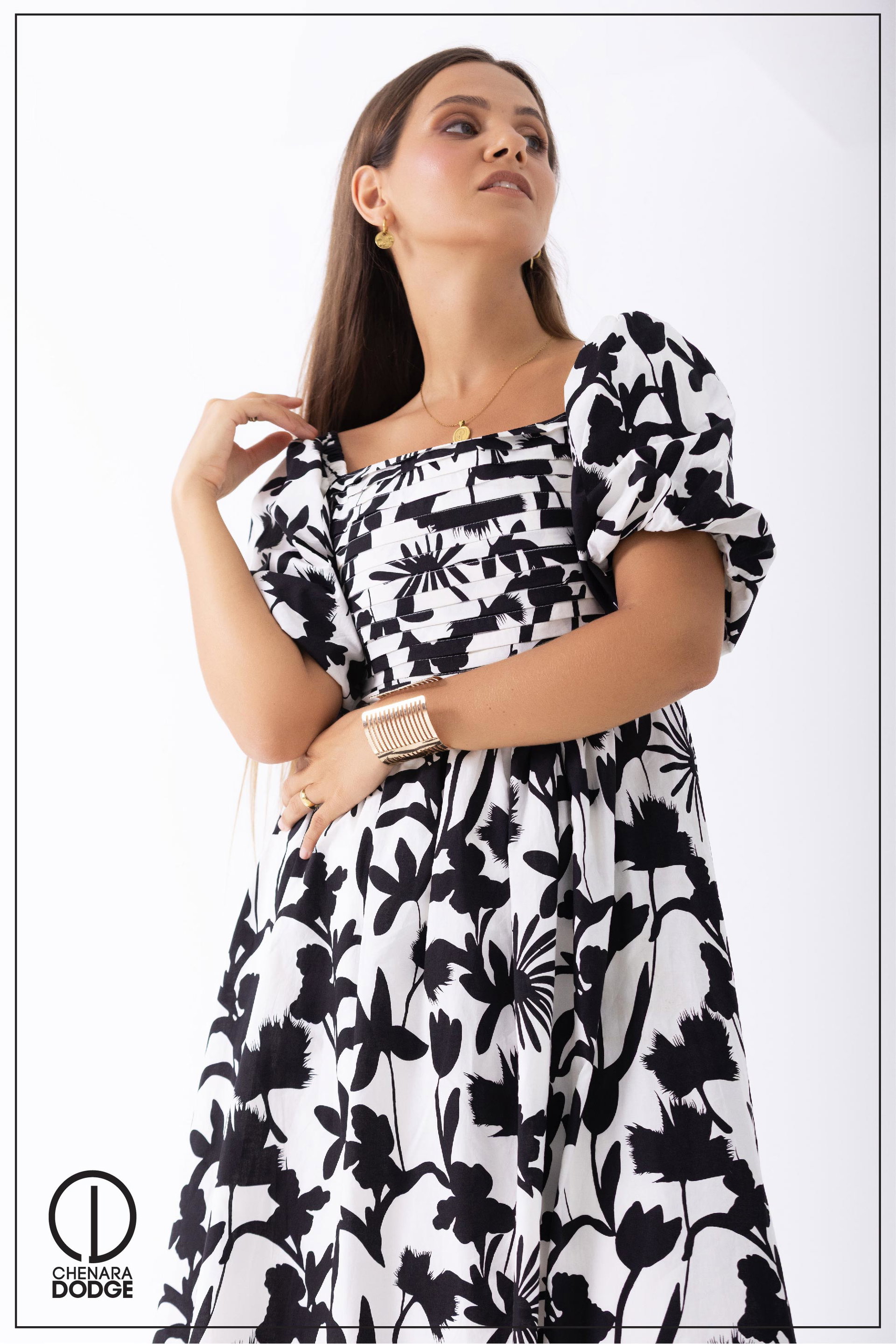 MAIRA BALLOON SLEEVE PINTUCK MIDI DRESS