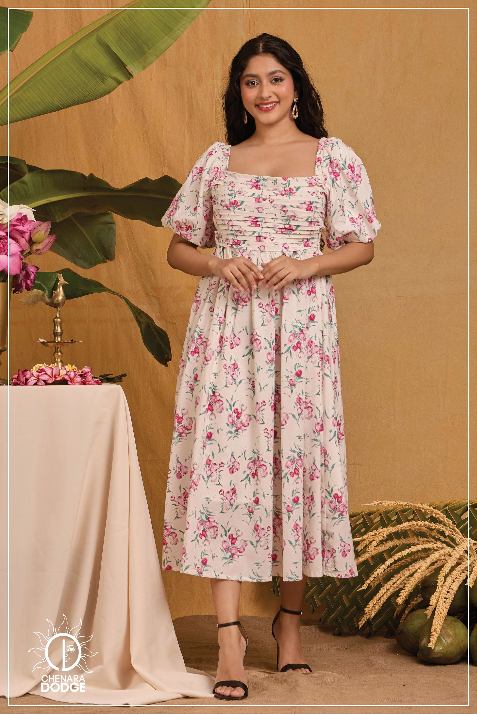 MAIRA BALLOON SLEEVE PINTUCK MIDI DRESS