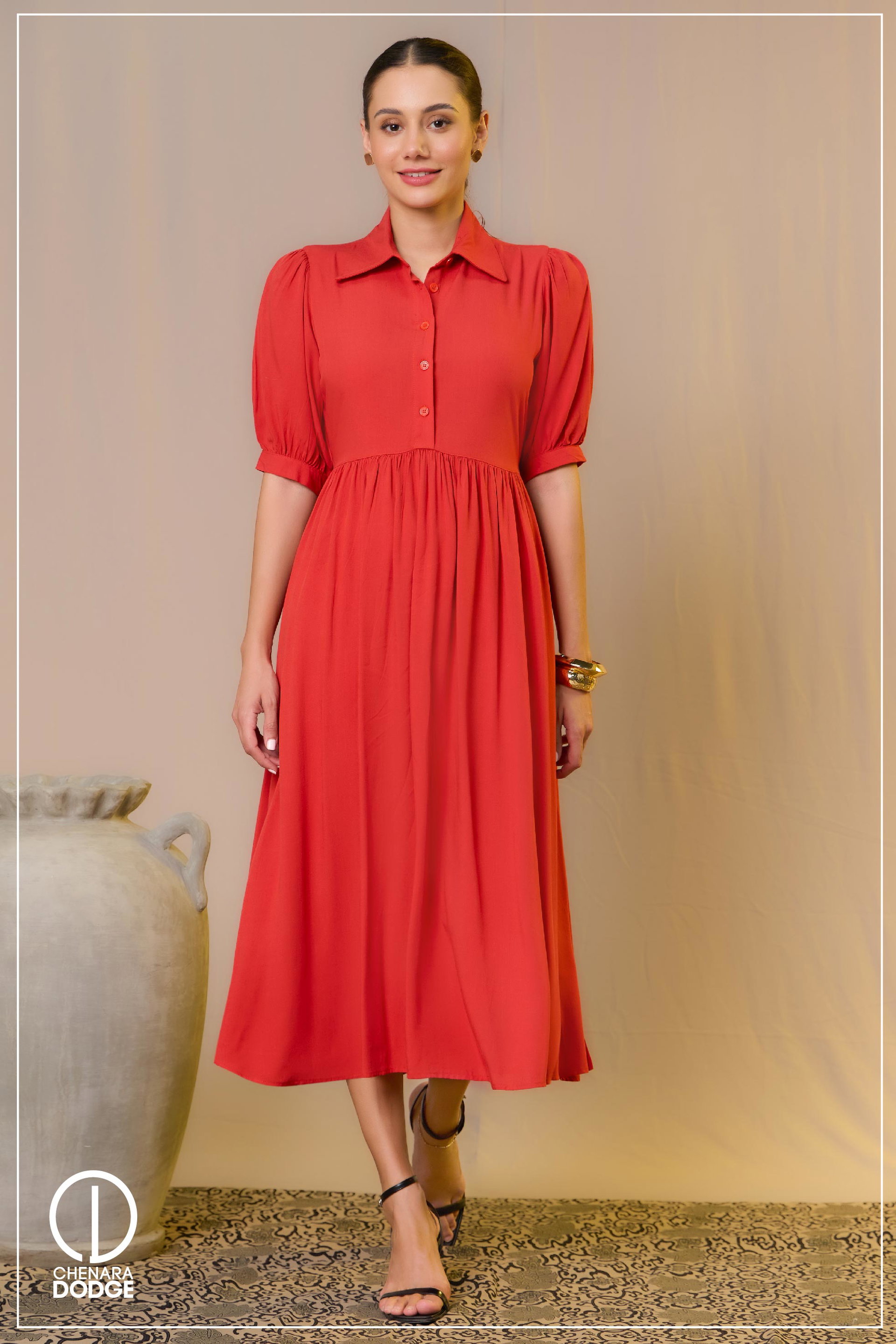 MAYA HIGH NECK COLLAR  MIDI DRESS