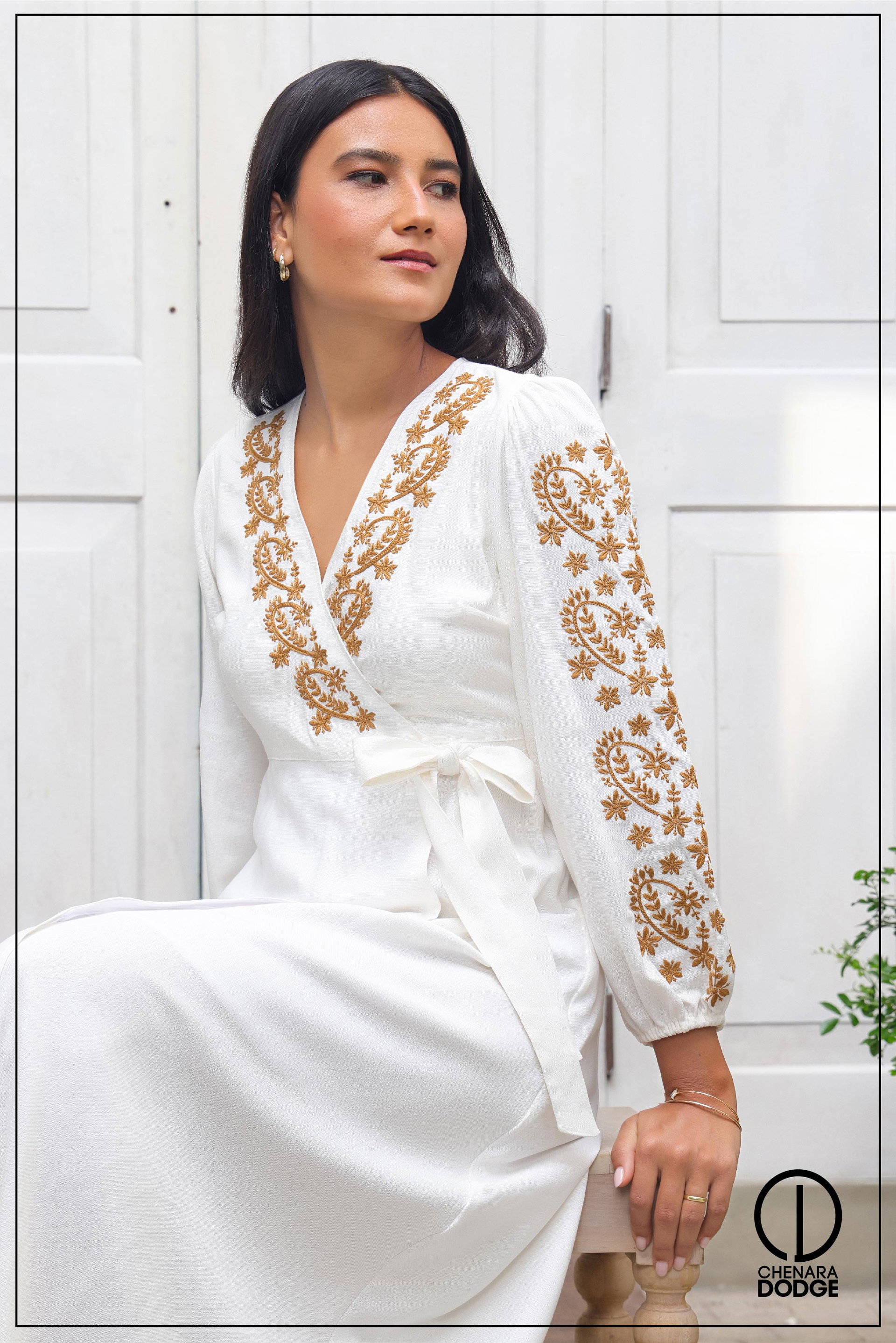 NINA EMBROIDERED WRAP MIDI DRESS