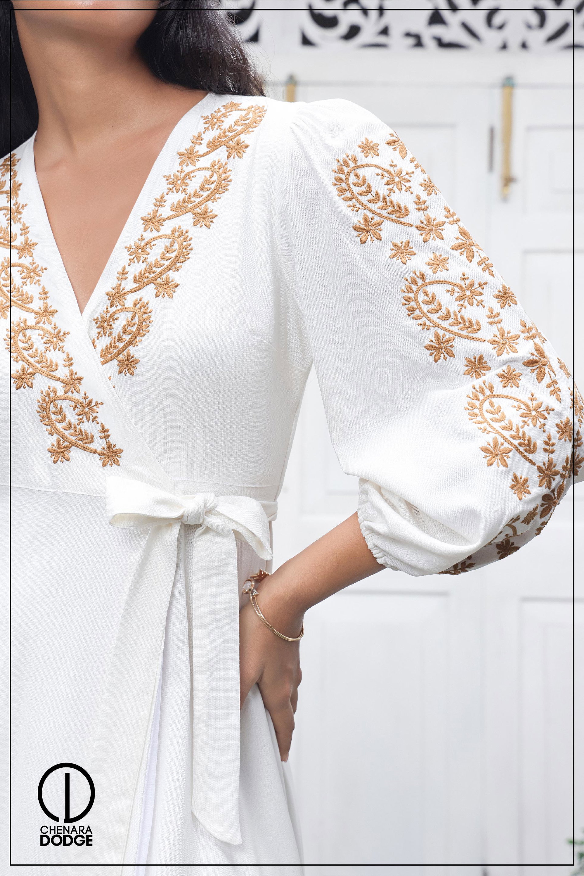 NINA EMBROIDERED WRAP MIDI DRESS