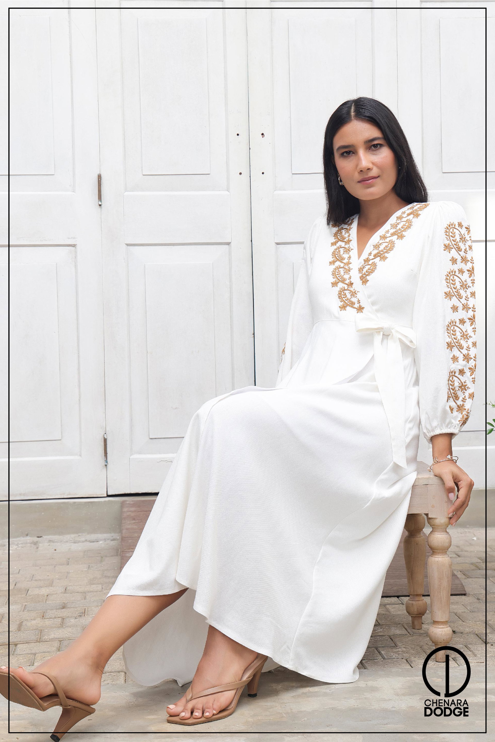 NINA EMBROIDERED WRAP MIDI DRESS