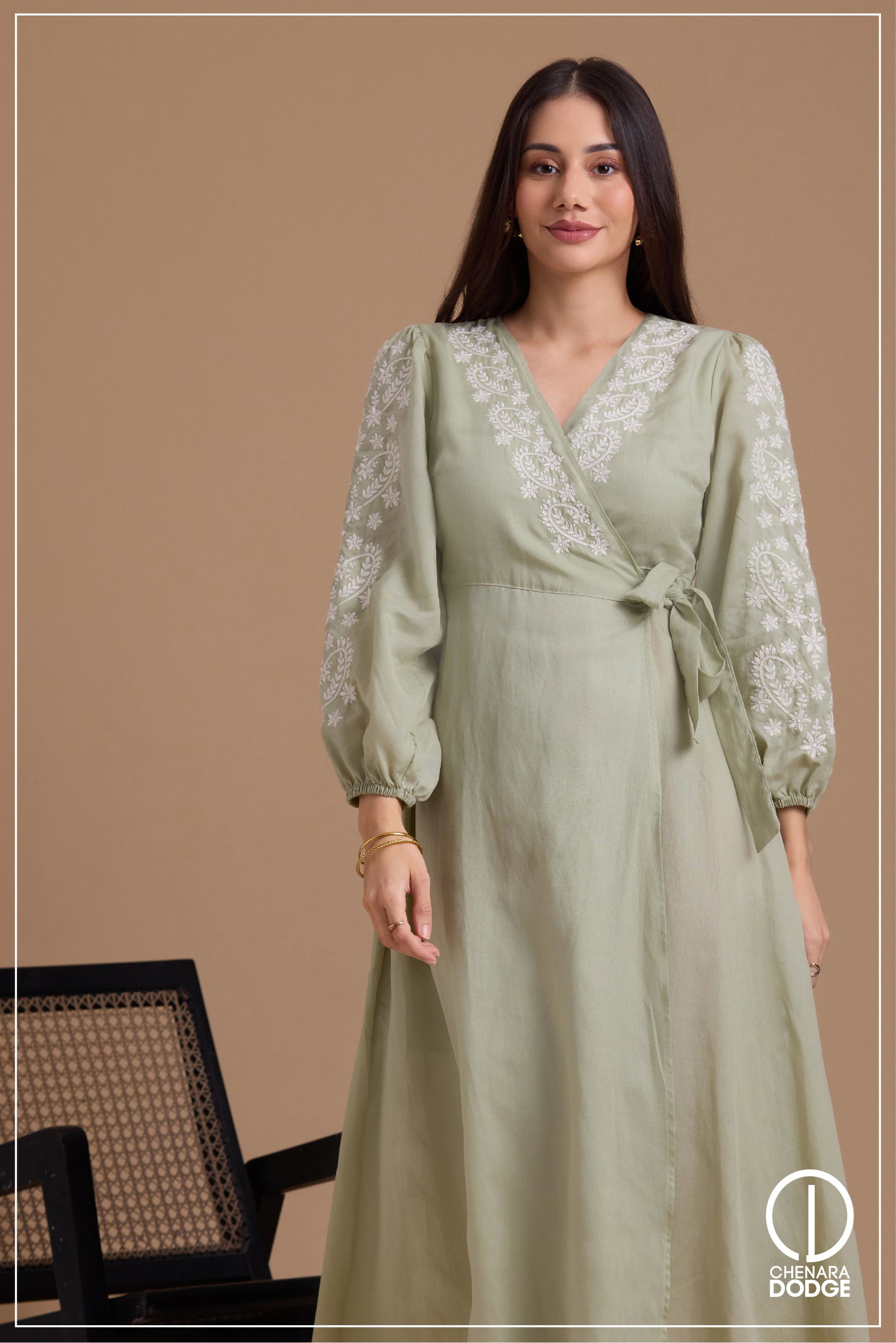 NINA EMBROIDERED WRAP MIDI DRESS
