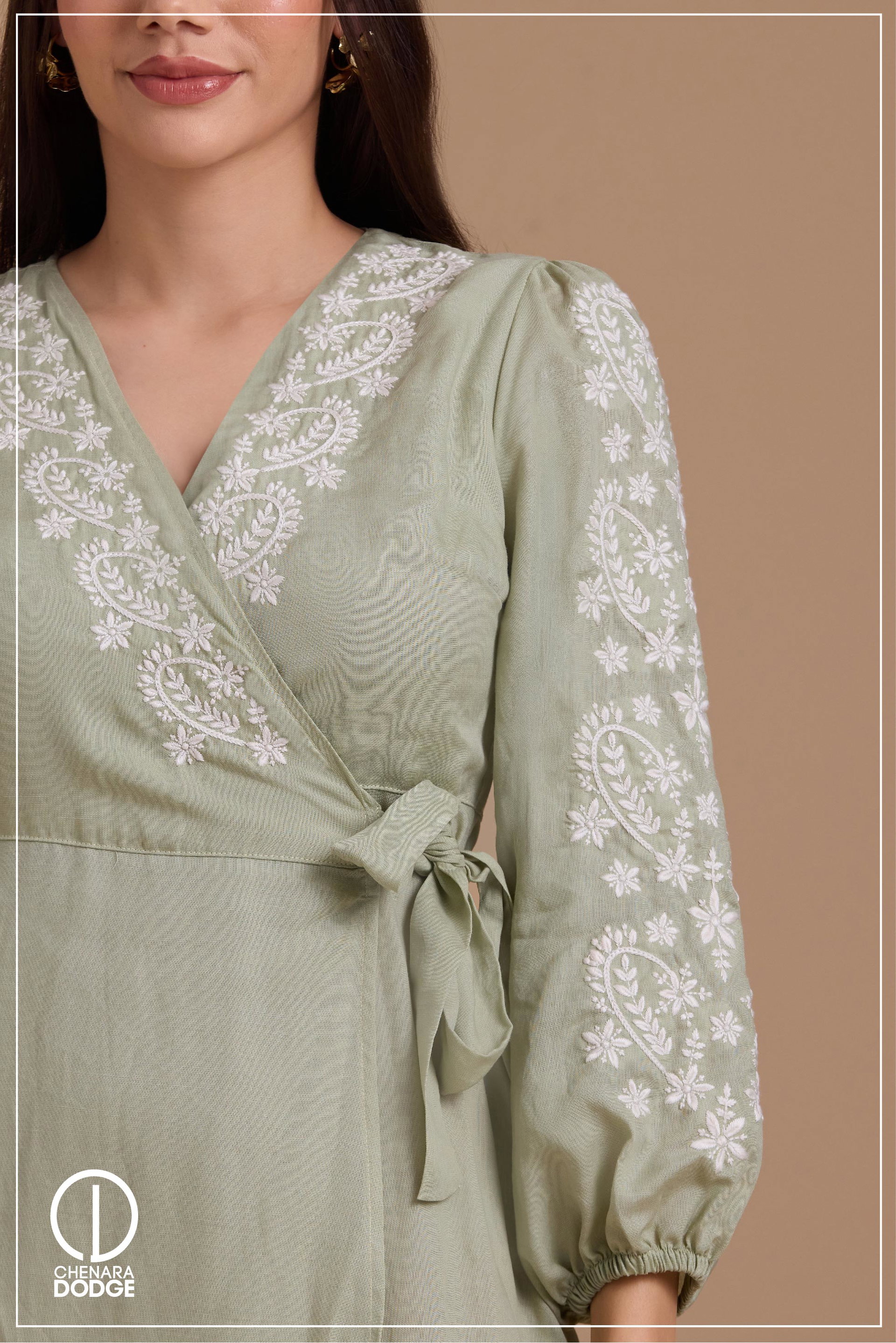 NINA EMBROIDERED WRAP MIDI DRESS