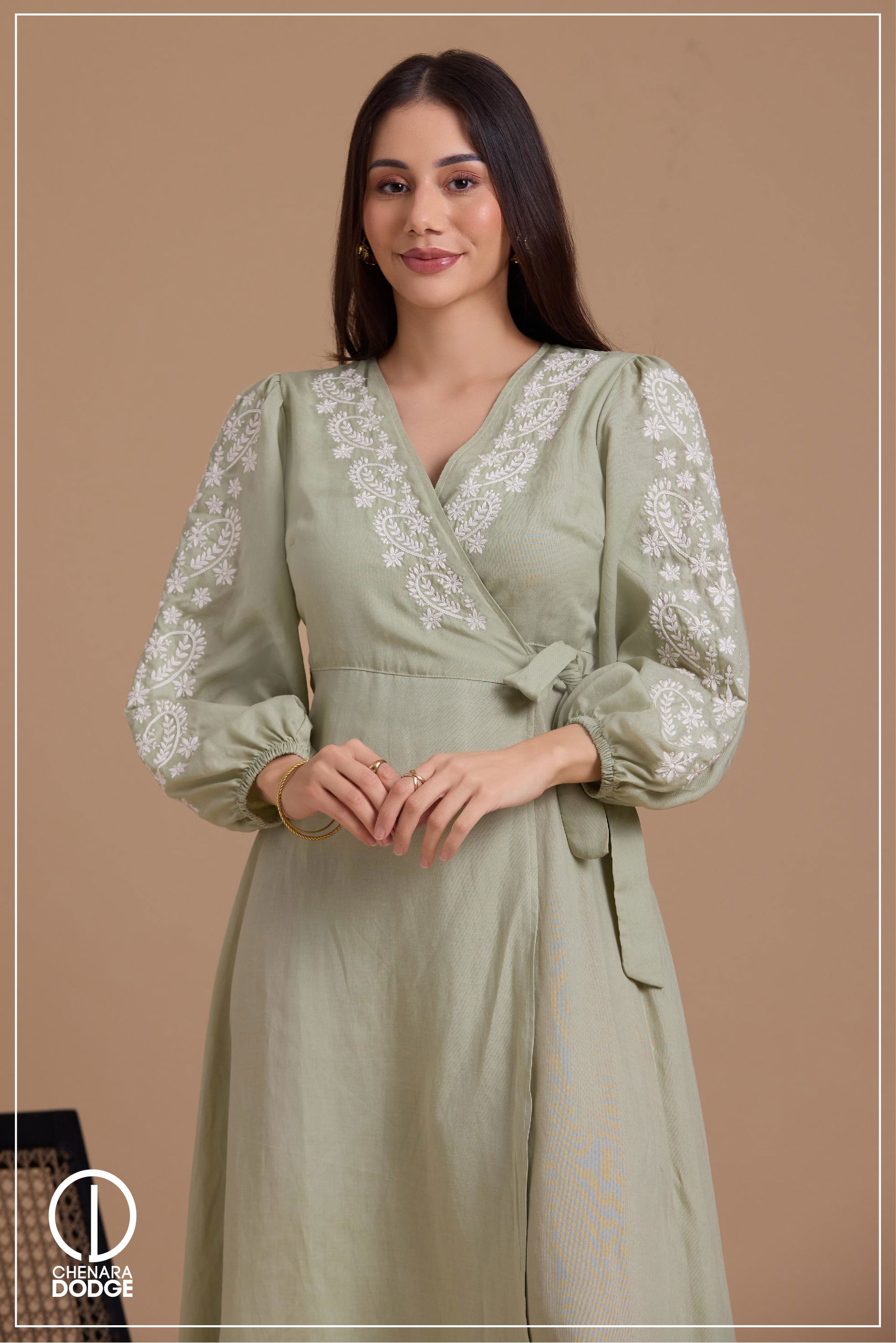 NINA EMBROIDERED WRAP MIDI DRESS