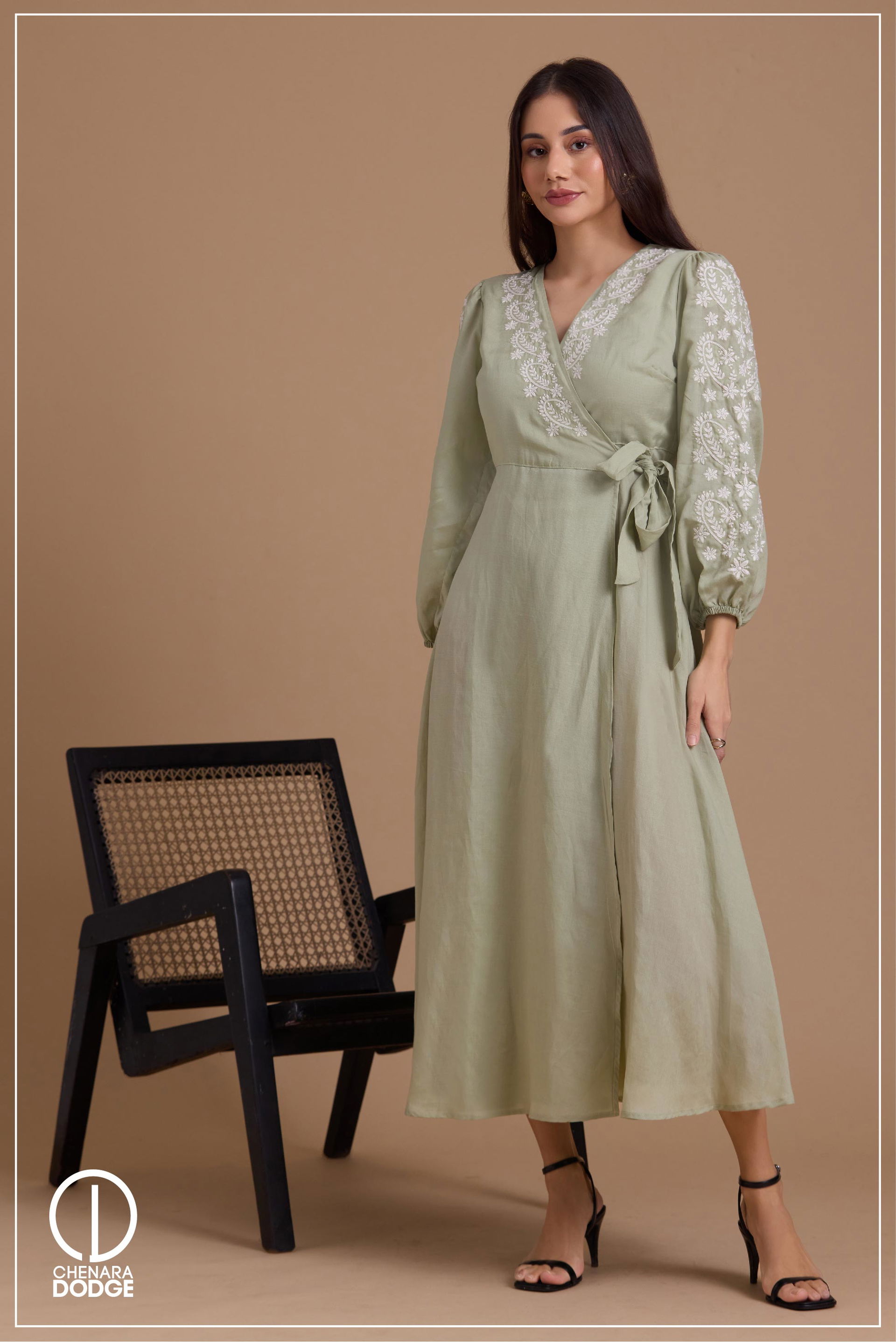 NINA EMBROIDERED WRAP MIDI DRESS